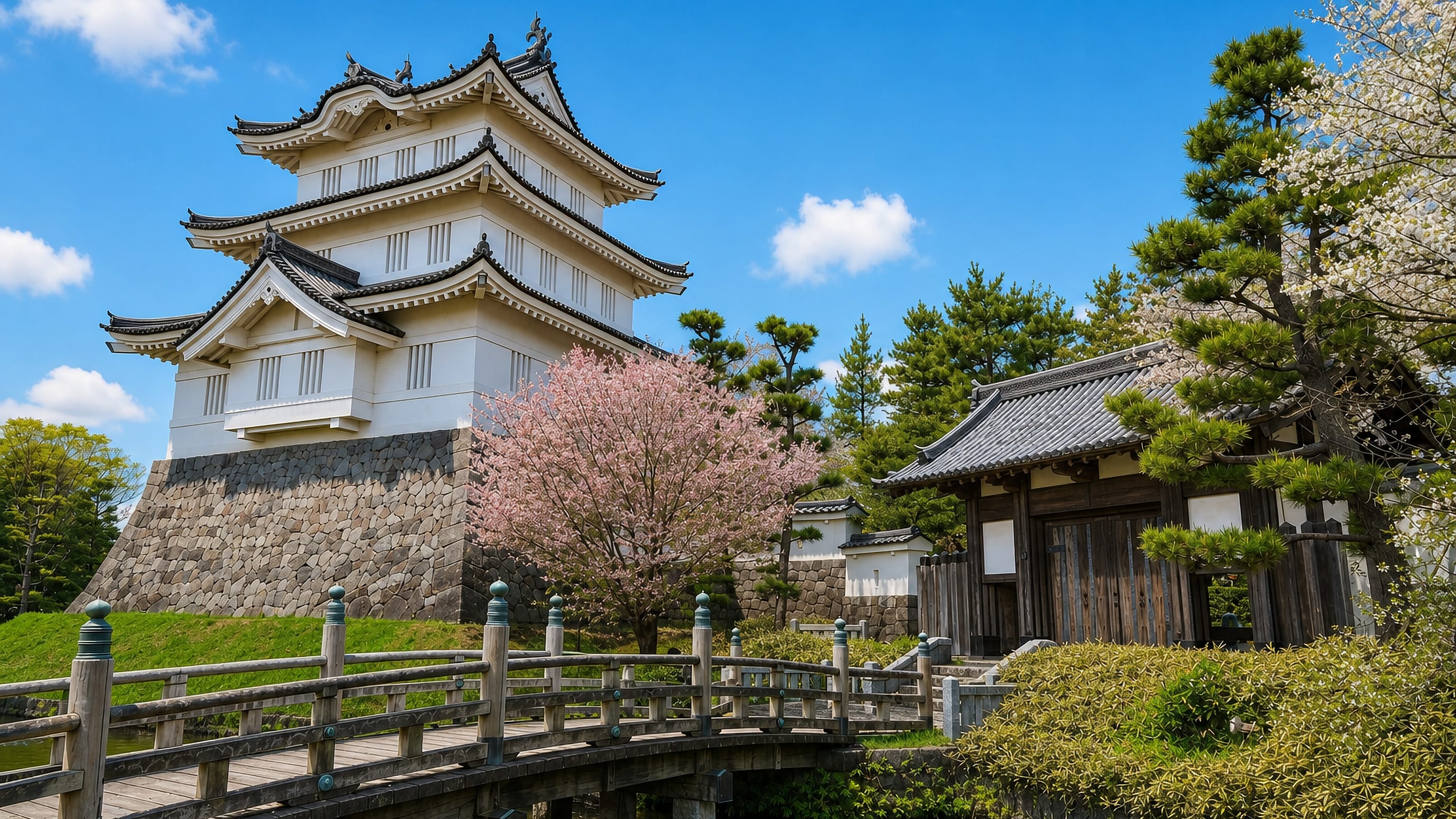 Reconstructed white keep of Oshi Castle with its moat bridge and cherry blossom in Gyoda, Saitama.