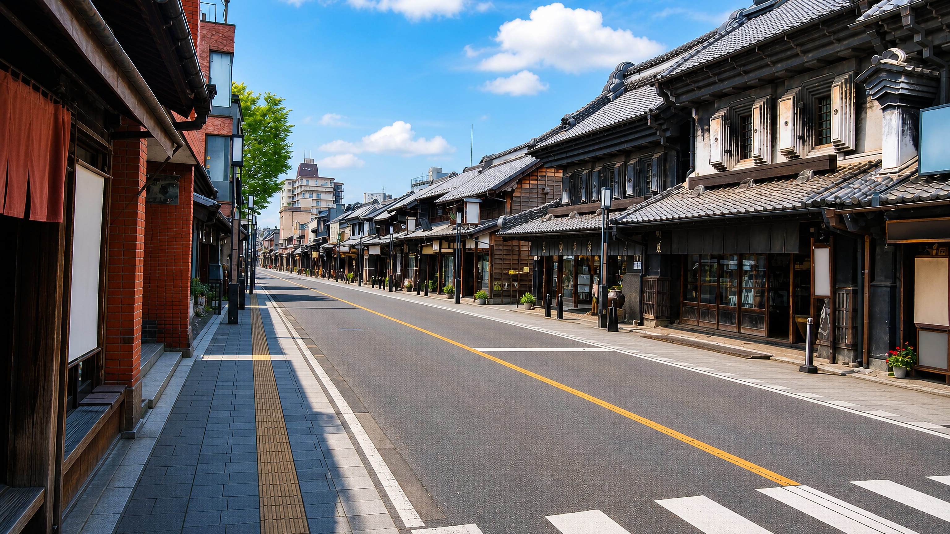 Kawagoe's Kurazukuri street of black clay-walled merchant warehouses under a bright blue sky.