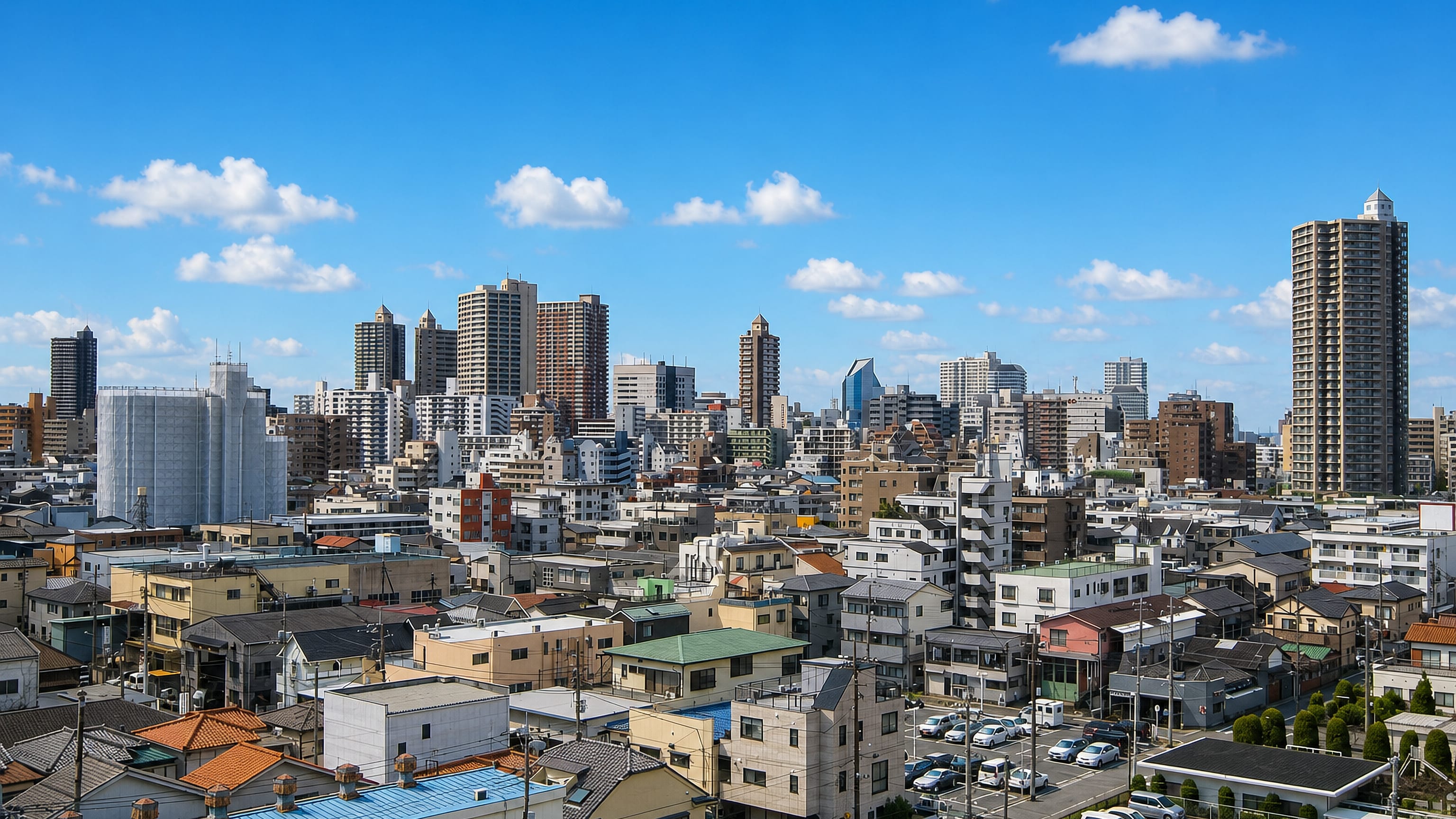 Kawaguchi's dense low-rise streets and cluster of residential towers under a bright blue Saitama sky.