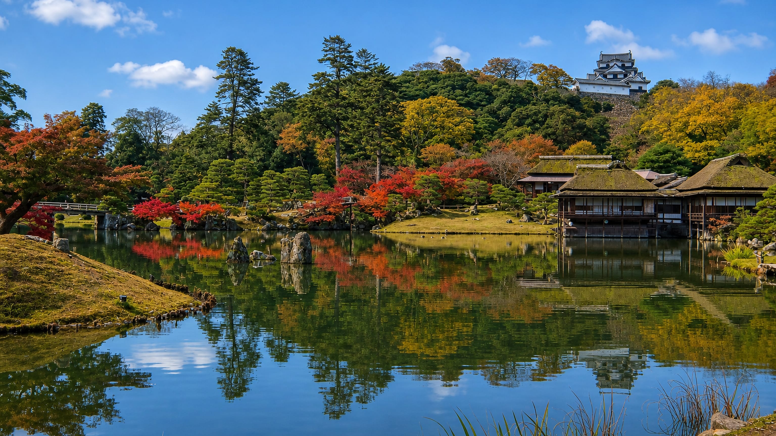 Hikone Castle keep above wooded hills, reflected in the Genkyu-en garden pond with autumn maples, Shiga, Japan.
