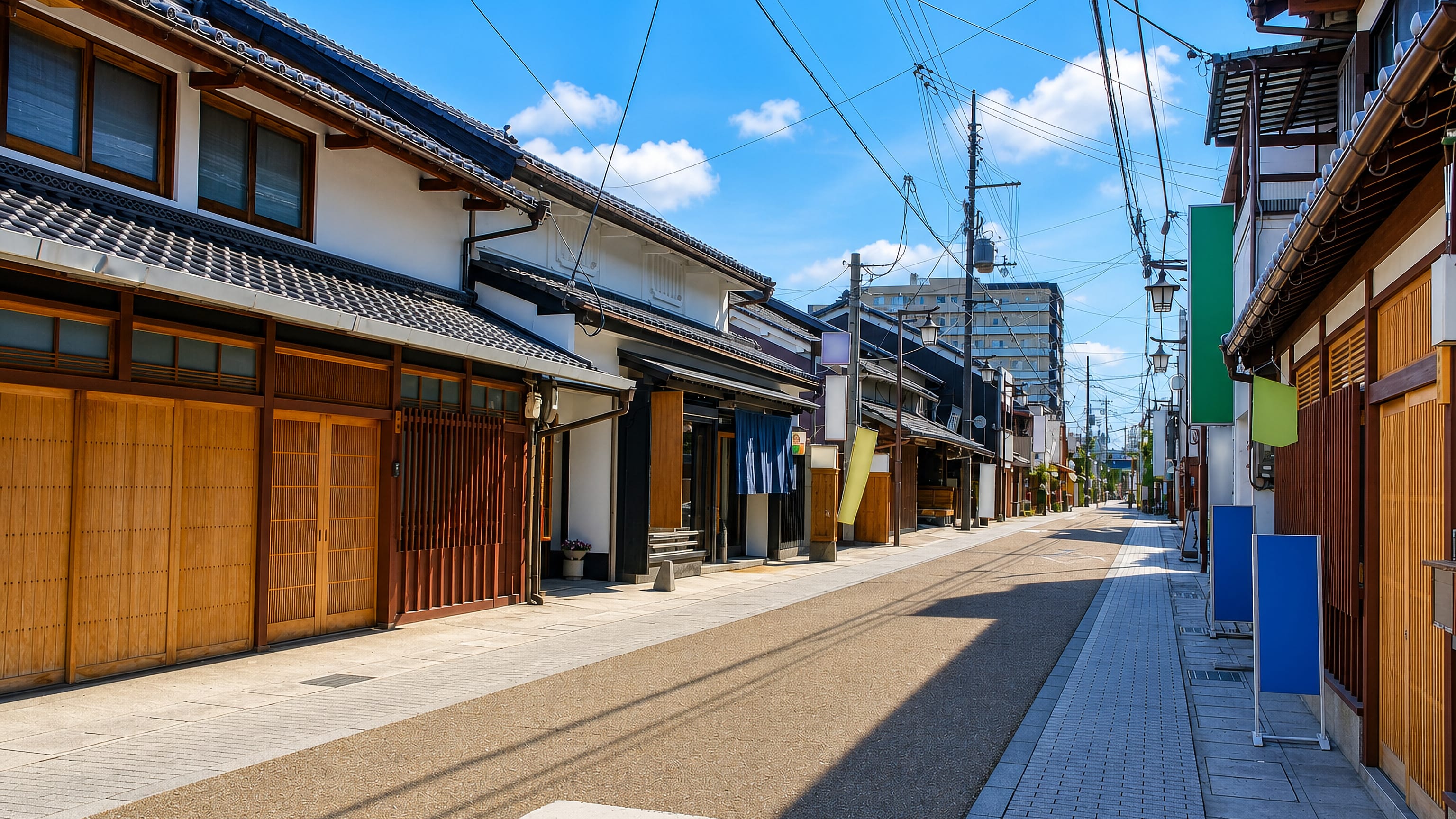 Wooden merchant houses and hanging shop banners along an old post-road street in Kusatsu, Shiga.