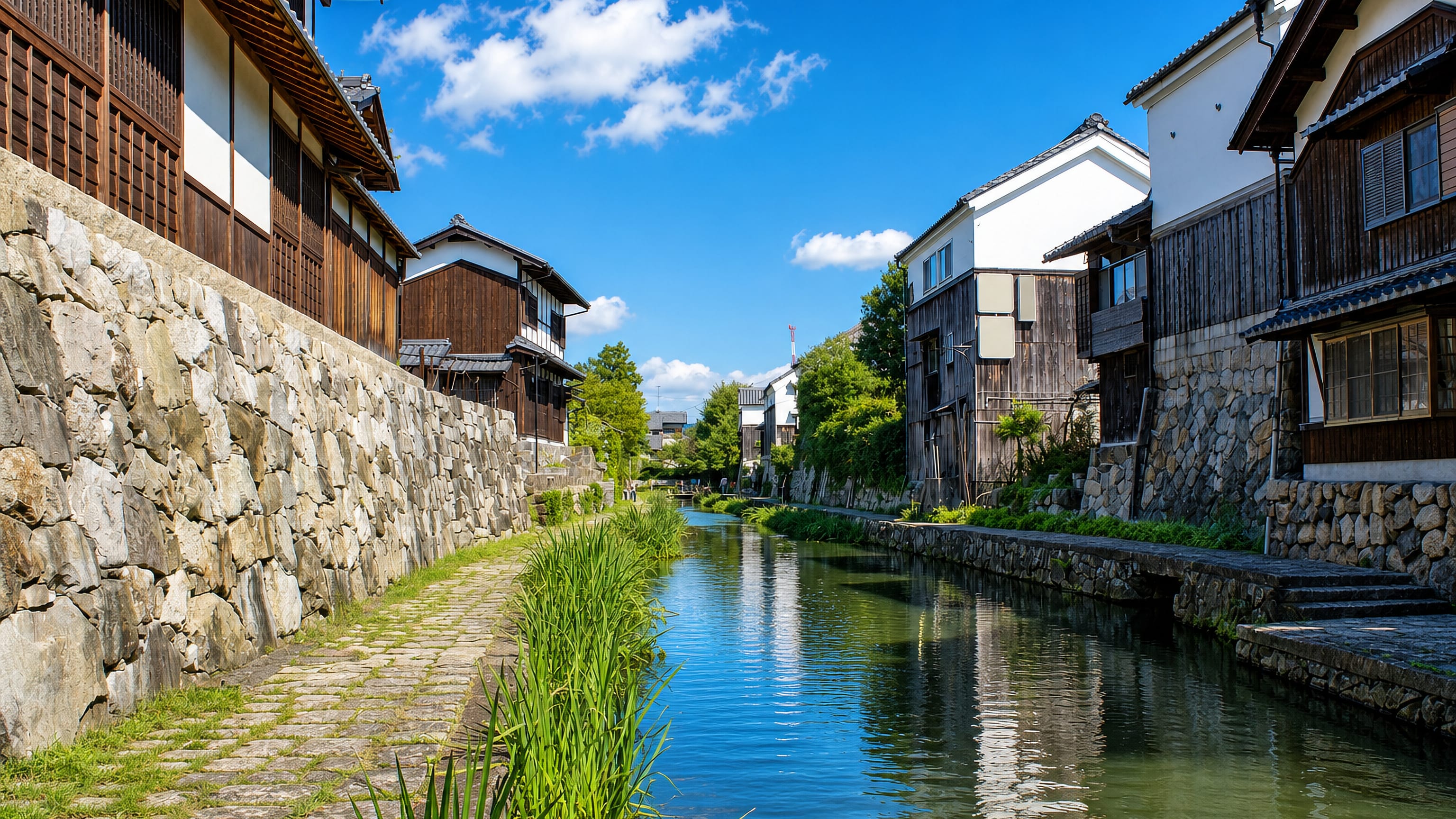 Wooden merchant houses and stone embankments lining the Hachiman-bori canal in Omihachiman, Japan.