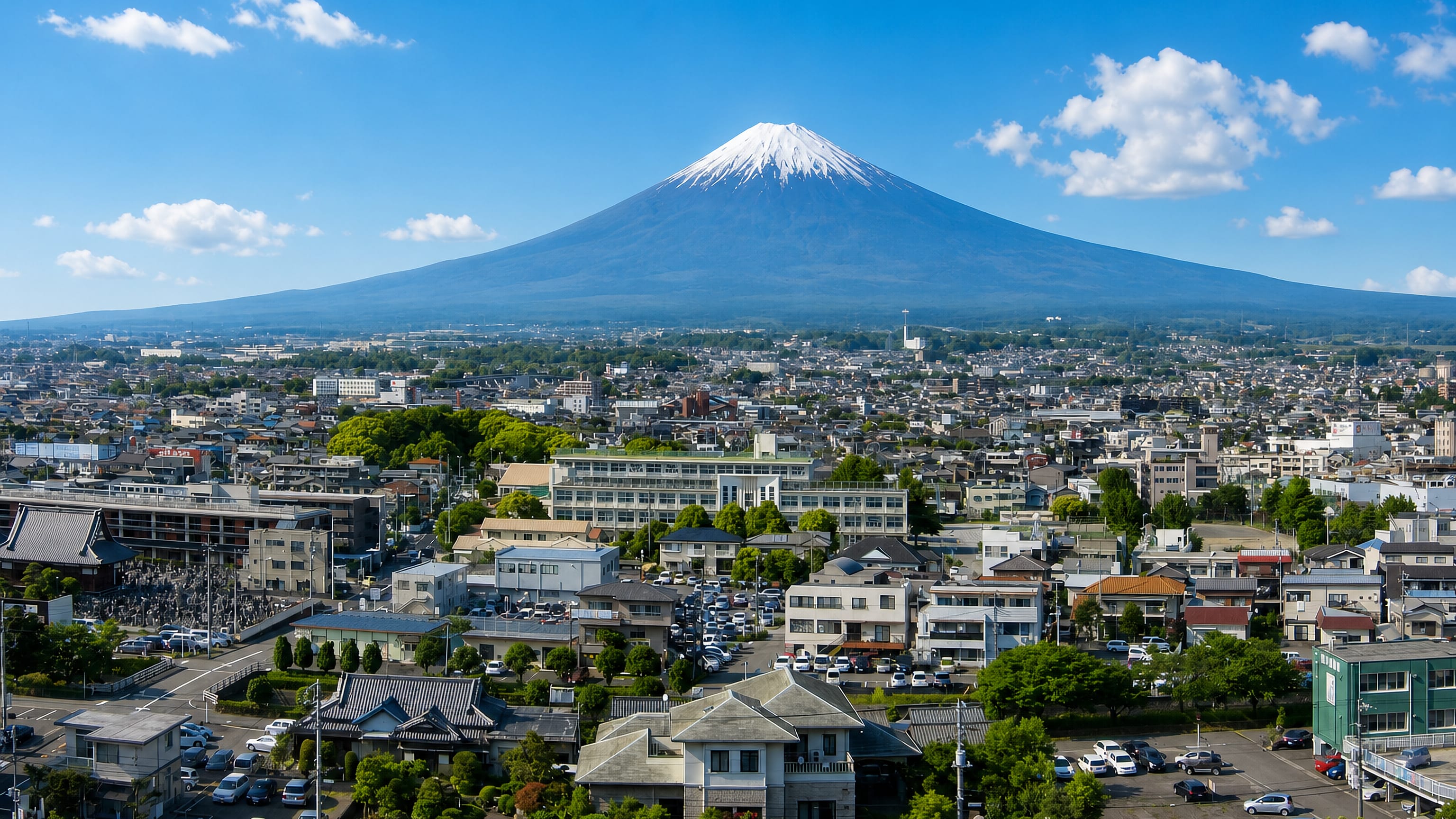 Mount Fuji rising above the rooftops of Fuji city in Shizuoka, Japan, on a clear day.