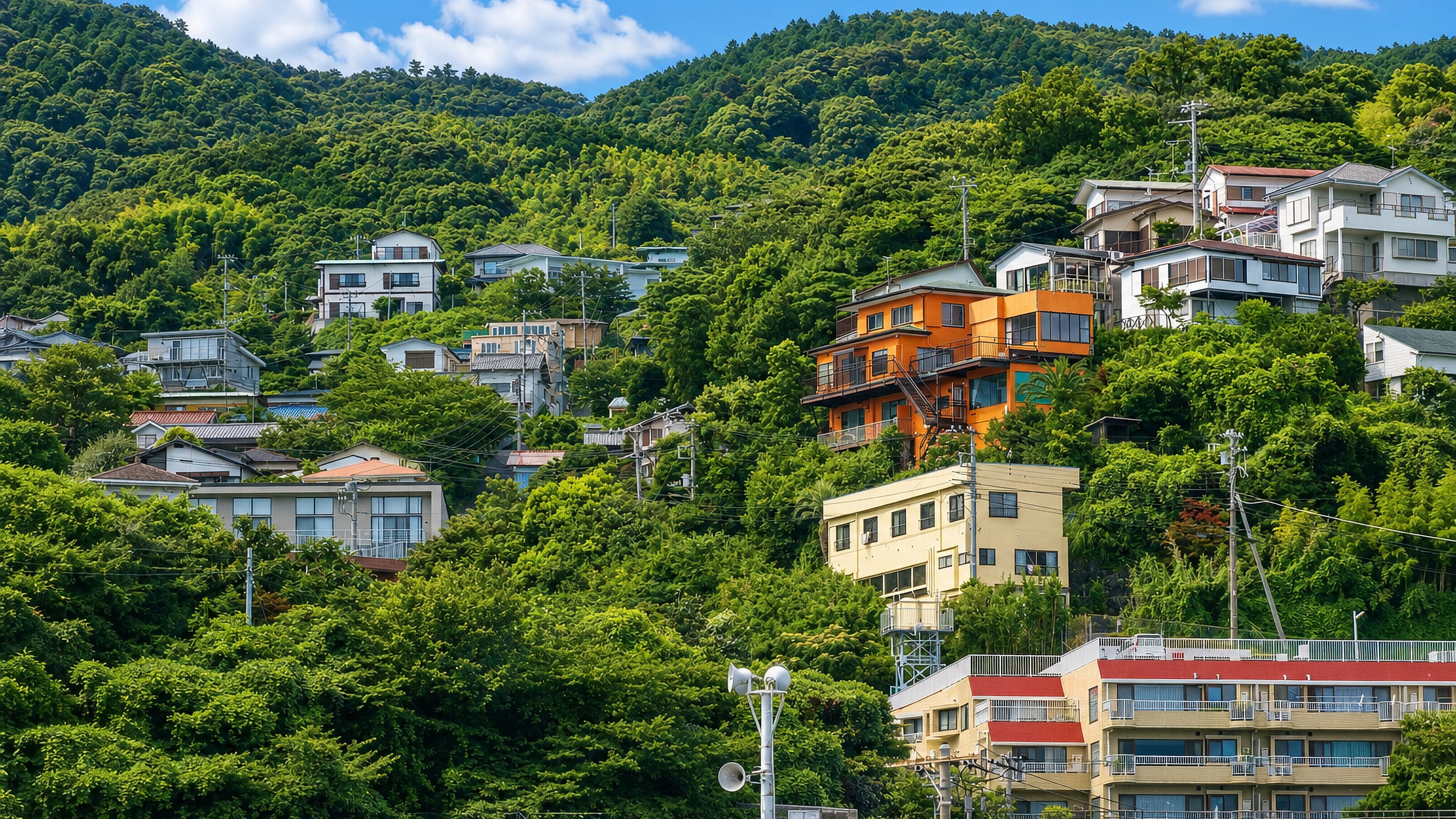 Houses terraced up a forested hillside above the waterfront in Ito on Japan's Izu Peninsula.