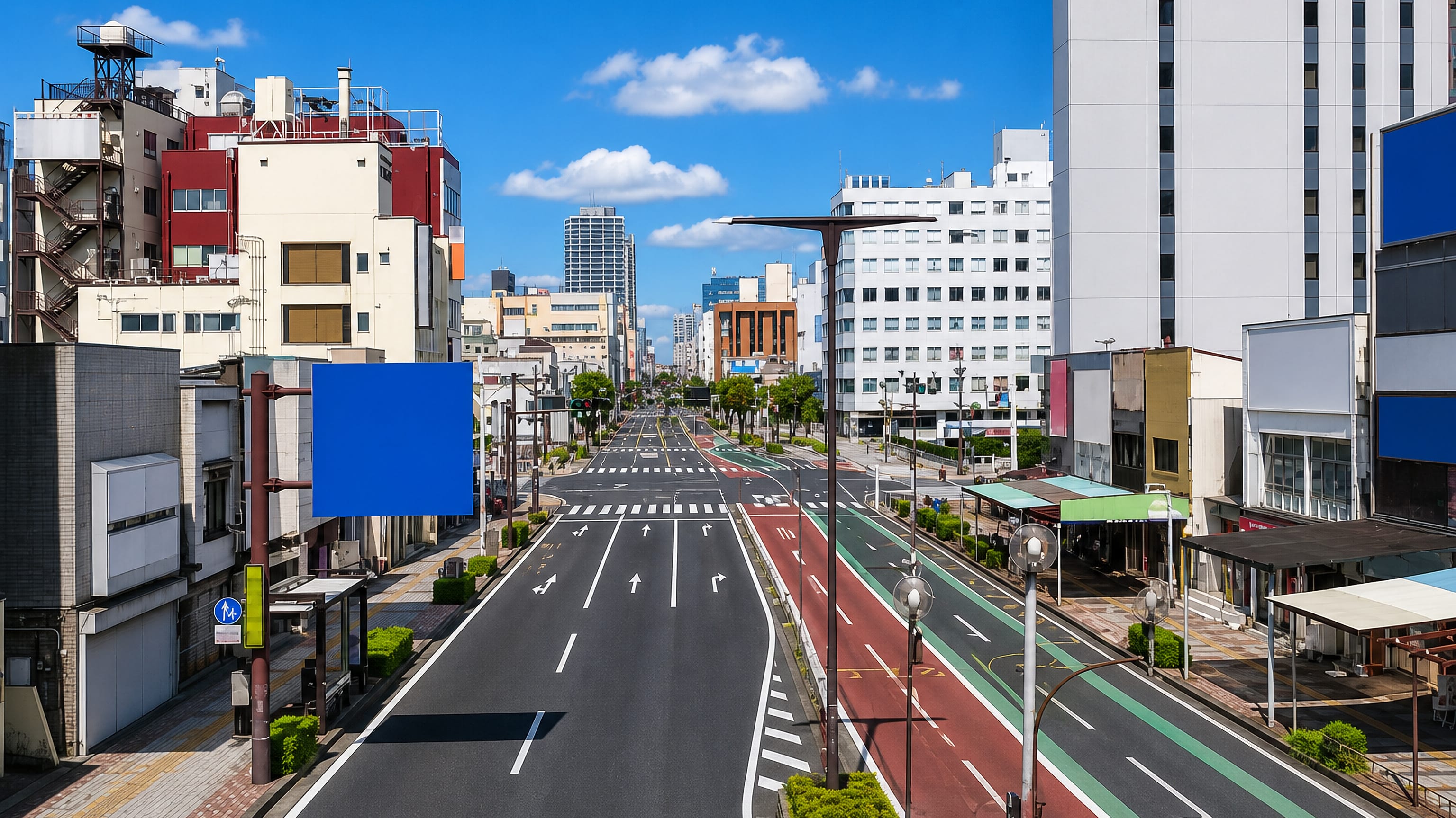 Wide multi-lane boulevard lined with shops and offices in central Utsunomiya, Japan, under a clear sky