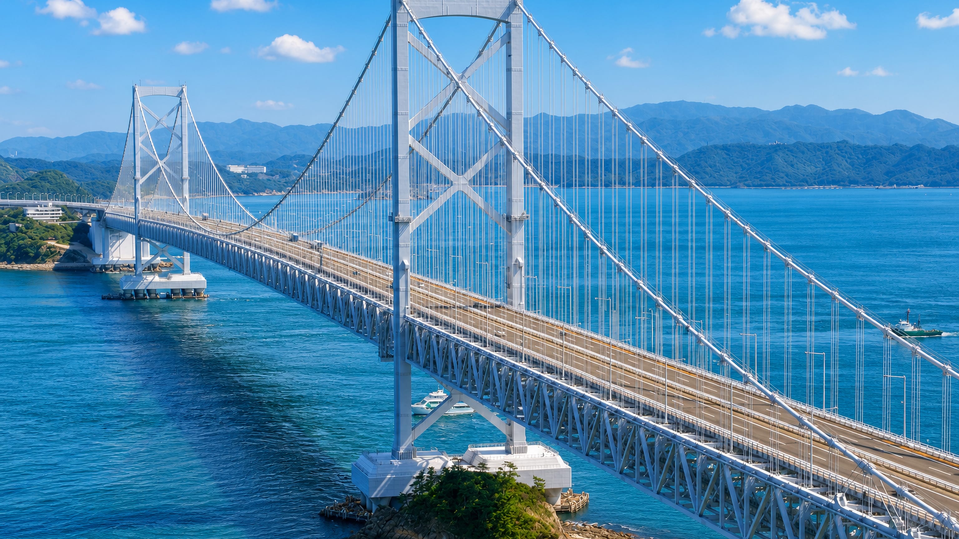 The white suspension span of the Onaruto Bridge crossing the turquoise Naruto Strait at Narutocho-mitsuishi, Japan.