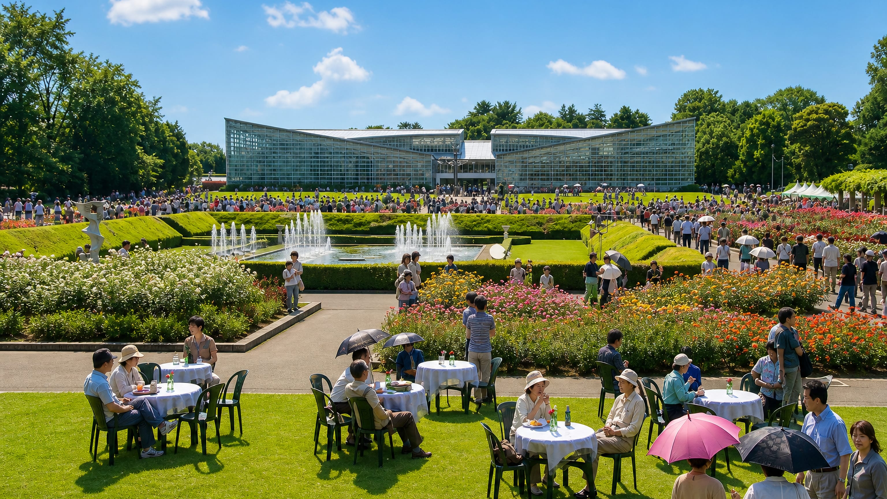 Crowds at a rose garden and glass greenhouse on a summer day in Chōfu, western Tokyo.