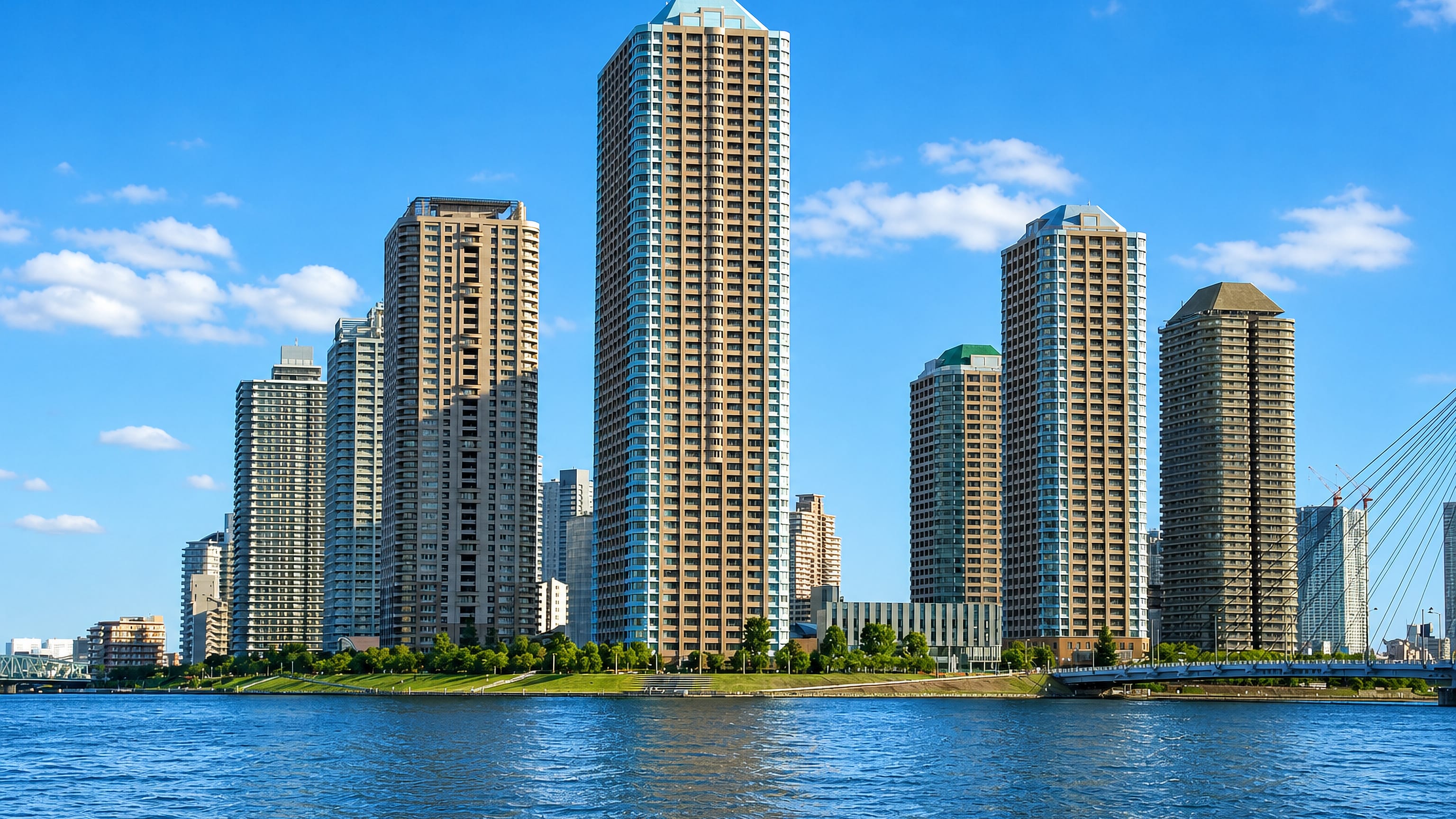 Riverside high-rise towers and the Chuo-Ohashi cable-stayed bridge on the Sumida River in Chuo, Tokyo.