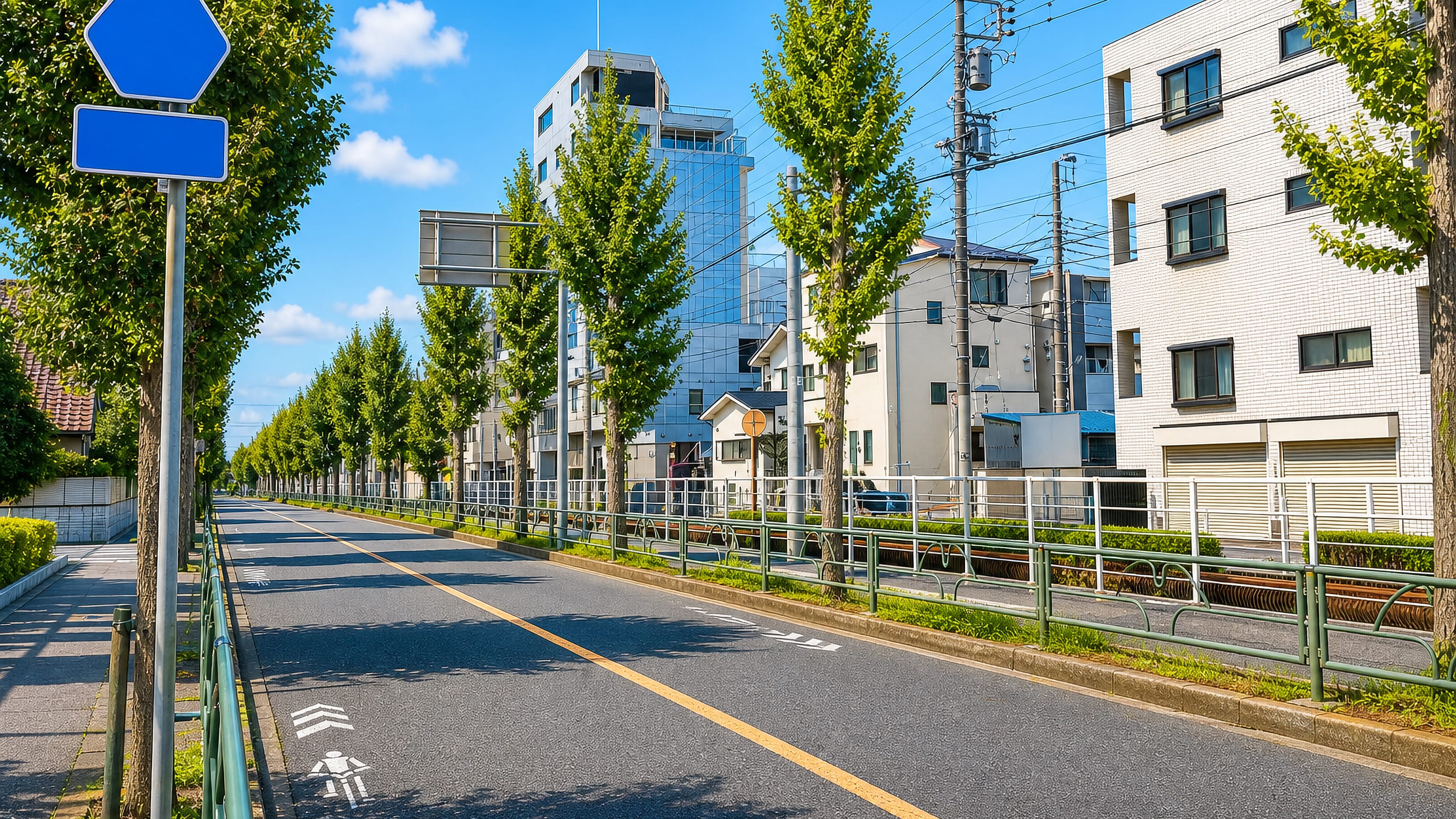 A tree-lined avenue with low apartment blocks and overhead wires in Kanamachi, Katsushika, Tokyo