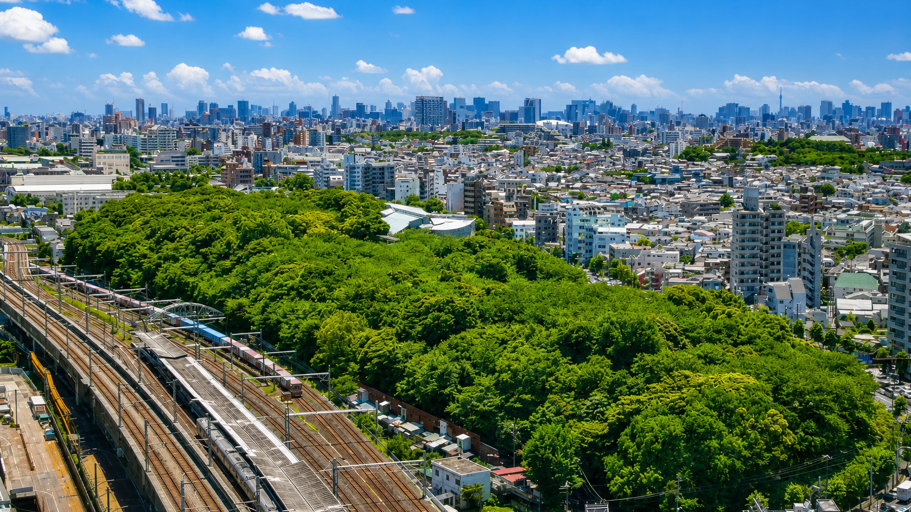 Rail lines and a wooded park ridge in Kita, Tokyo, with the city skyline and Skytree on the horizon.