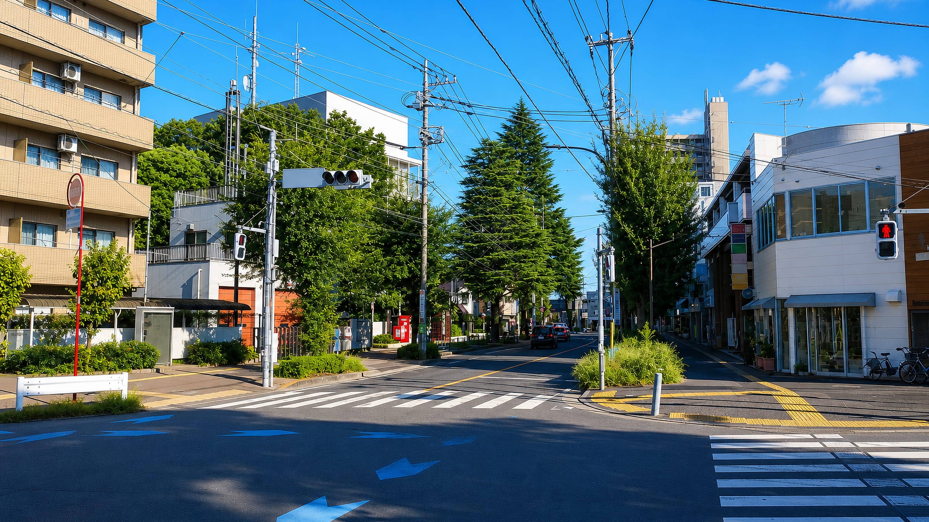 A quiet residential crossing lined with shops, trees and overhead wires in Komae, Tokyo, Japan.