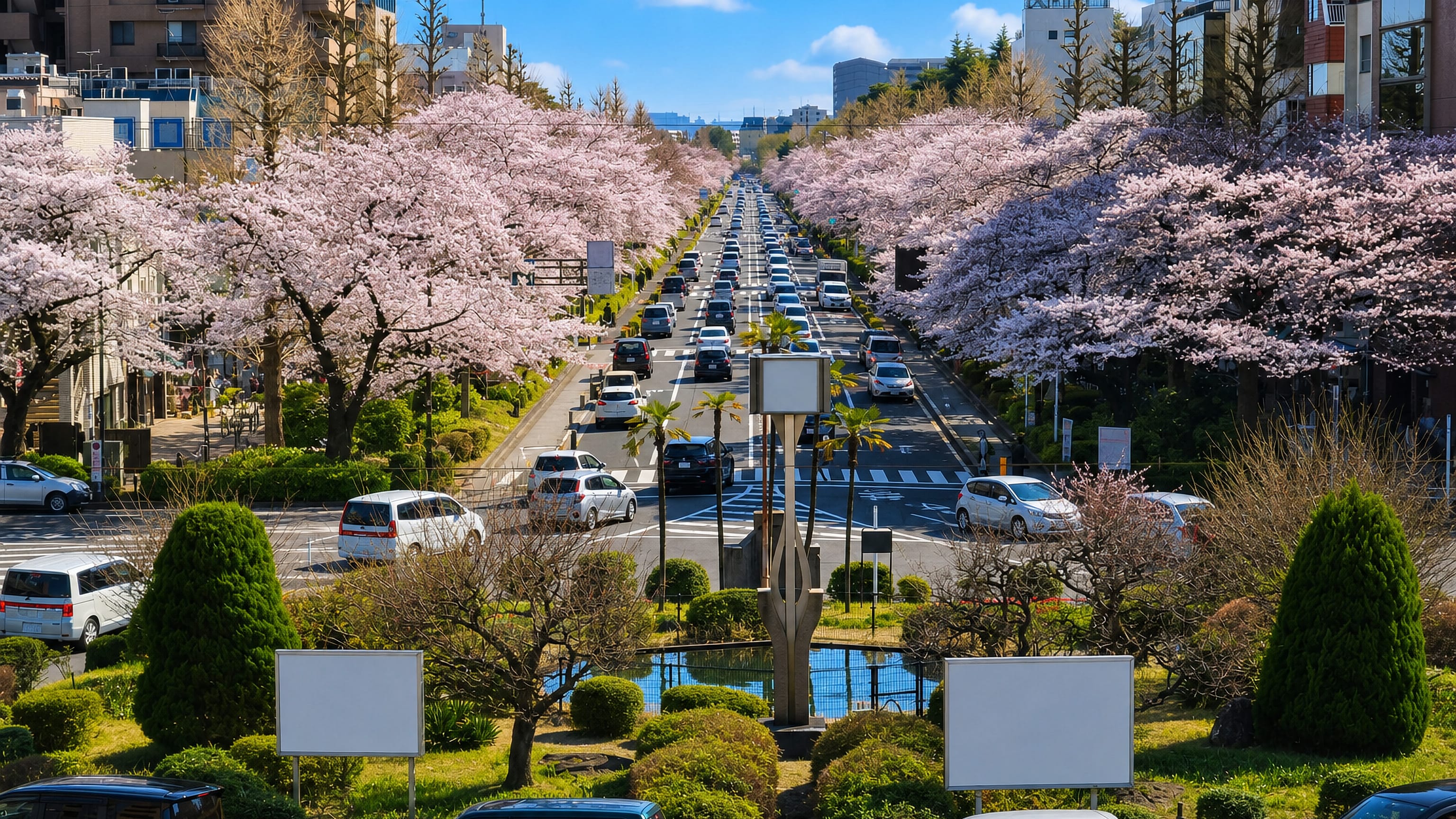 Cherry blossoms lining Daigaku-dori avenue running south from Kunitachi station in Tokyo