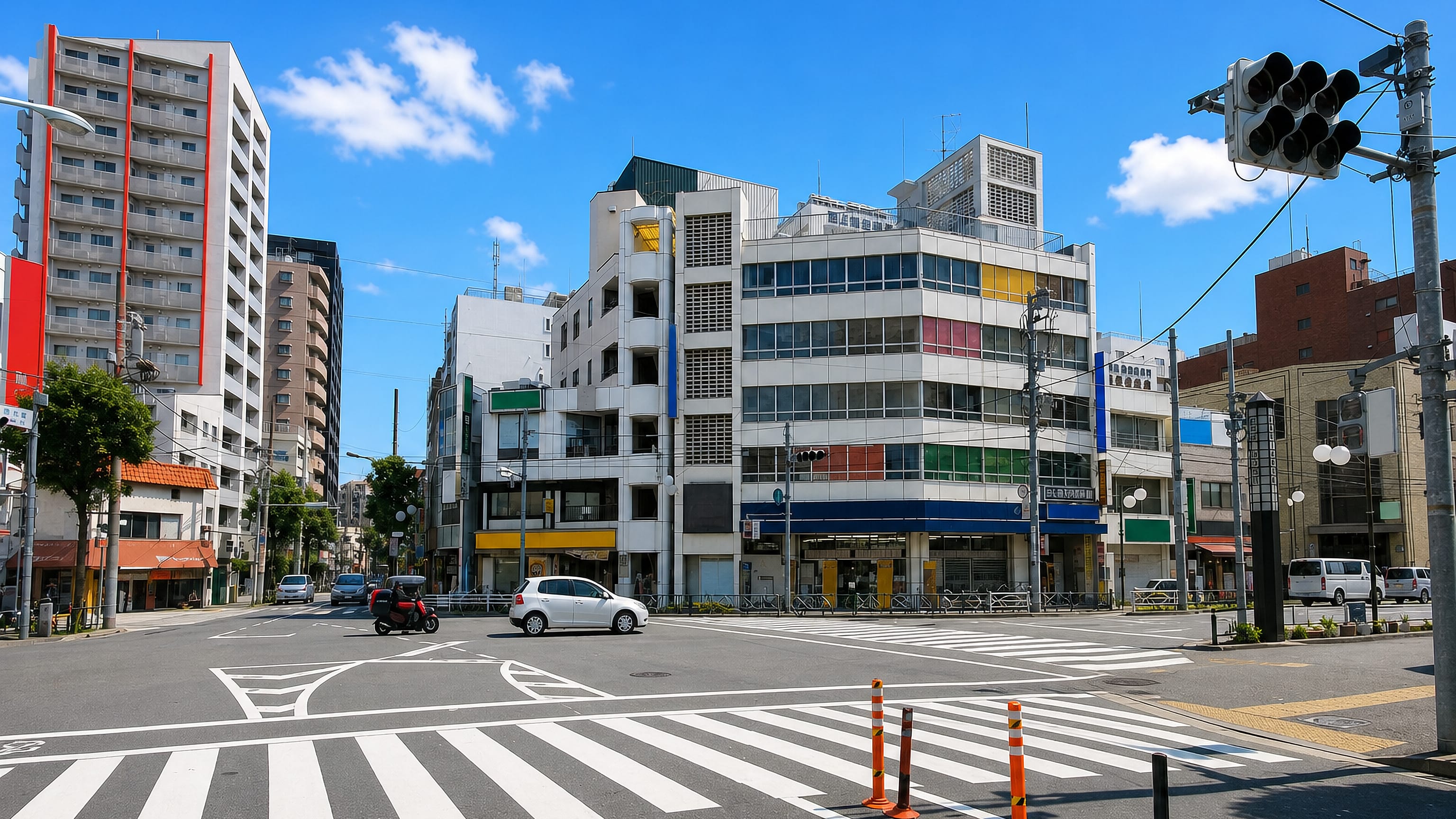 Wide crossing with mid-rise shops and apartments in Ikegami, Ota, Tokyo, under a blue summer sky.