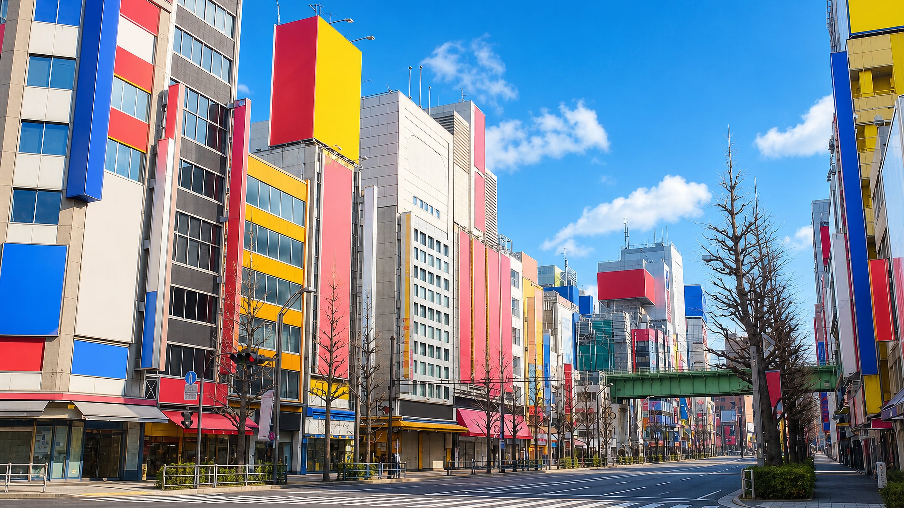 Colorful billboard-clad buildings line Chuo-dori in Tokyo's Akihabara Electric Town under the elevated JR line.