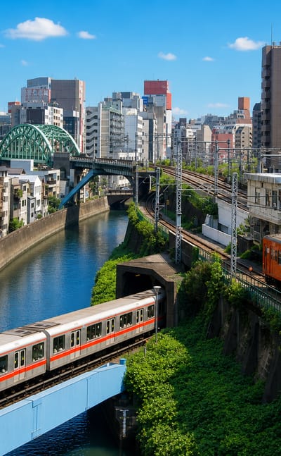 Kanda River gorge at Ochanomizu with an orange metro train and green arched bridge in Bunkyō, Tokyo.