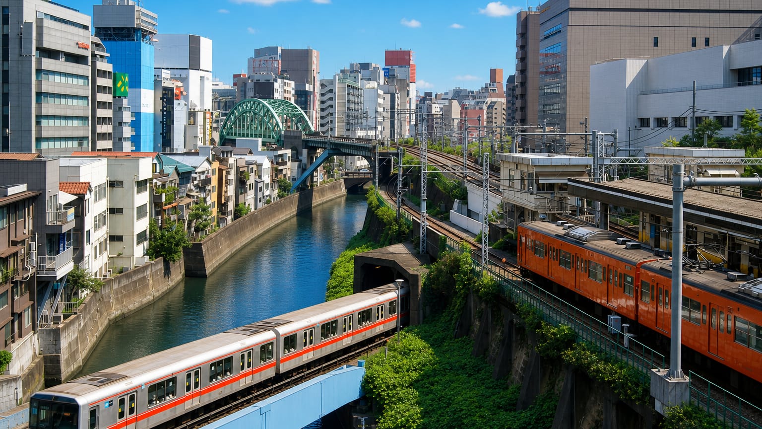 Kanda River gorge at Ochanomizu with an orange metro train and green arched bridge in Bunkyō, Tokyo.