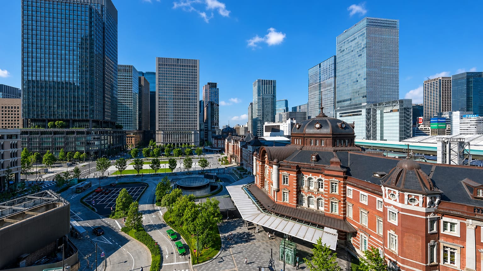Tokyo Station's red-brick Marunouchi building backed by the Chiyoda skyscraper cluster under blue sky.