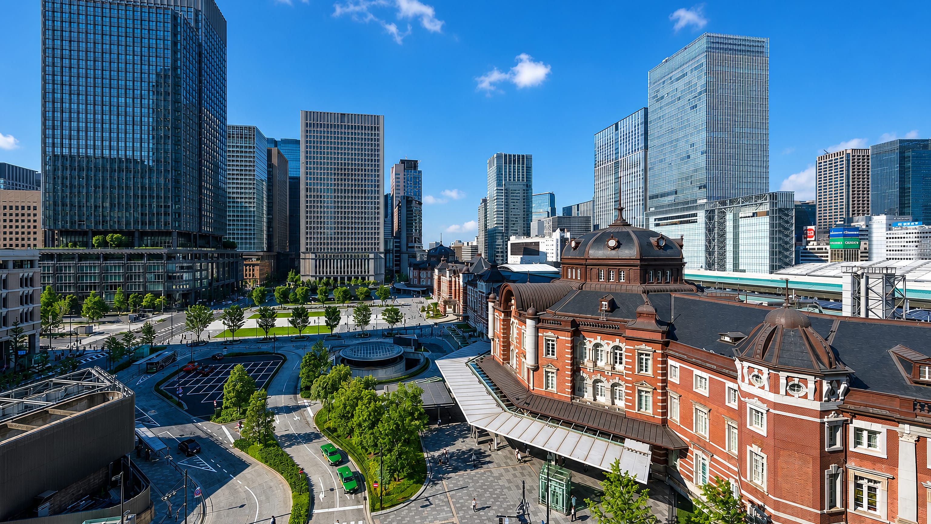 Tokyo Station's red-brick Marunouchi building backed by the Chiyoda skyscraper cluster under blue sky.