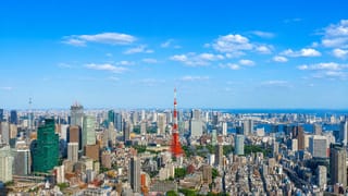 Tokyo skyline with the red-and-white Tokyo Tower and distant Tokyo Skytree above dense districts and the bay.