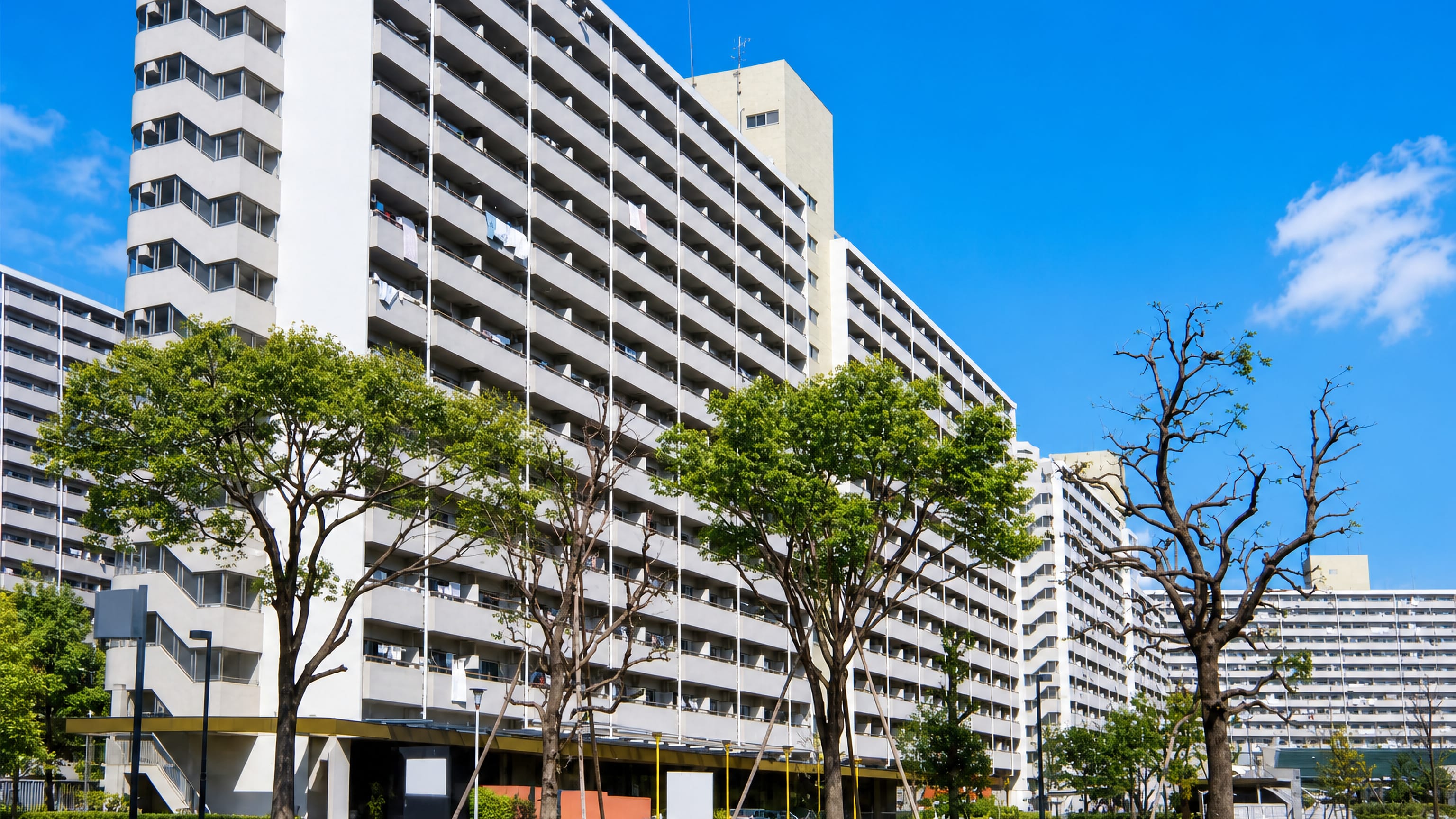 Long concrete danchi apartment blocks lined with trees beside a canal in Itabashi, Tokyo.