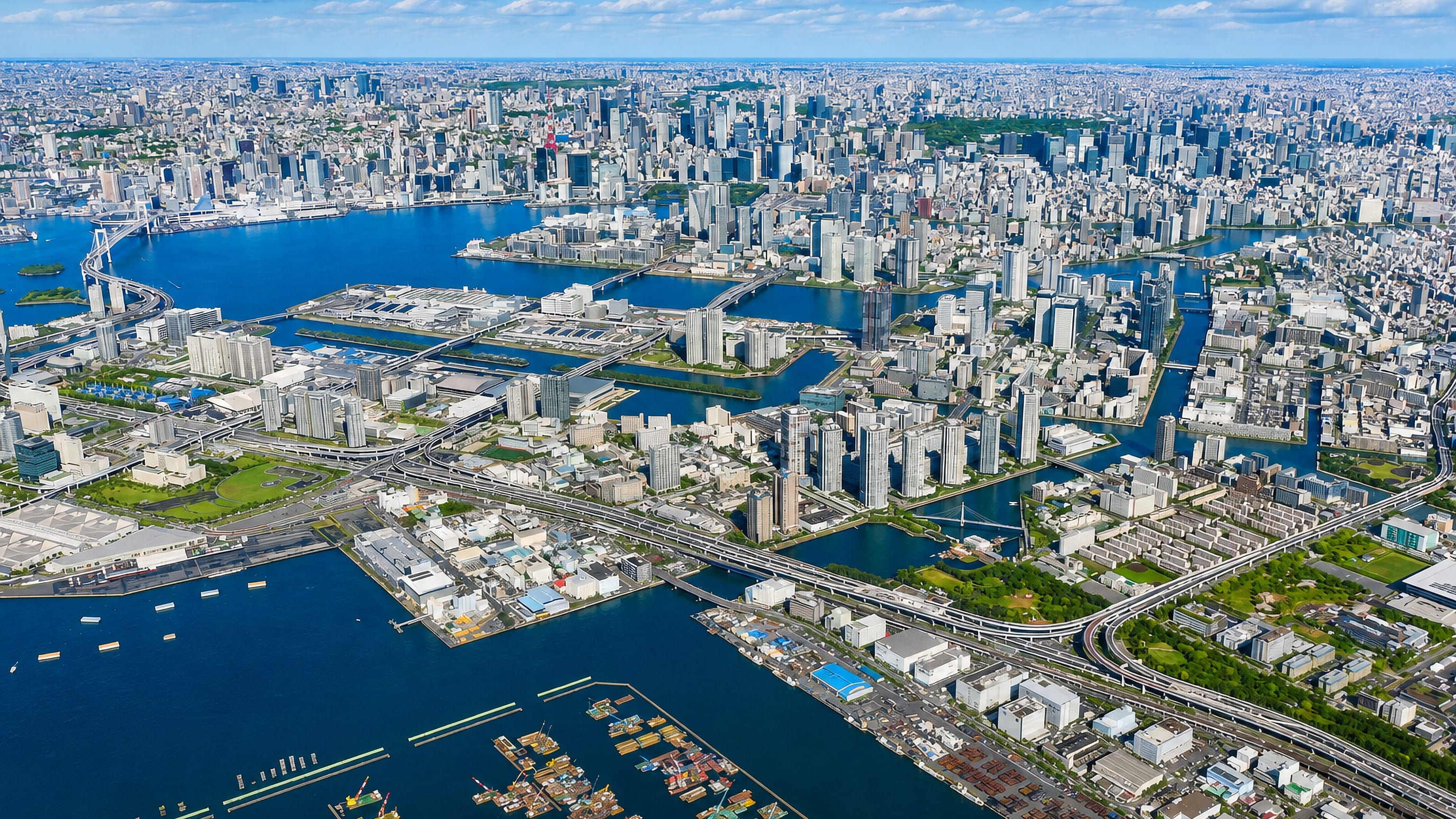 Aerial view over Kōtō, Tokyo, with timber ponds, canals and waterfront high-rises and the Rainbow Bridge beyond