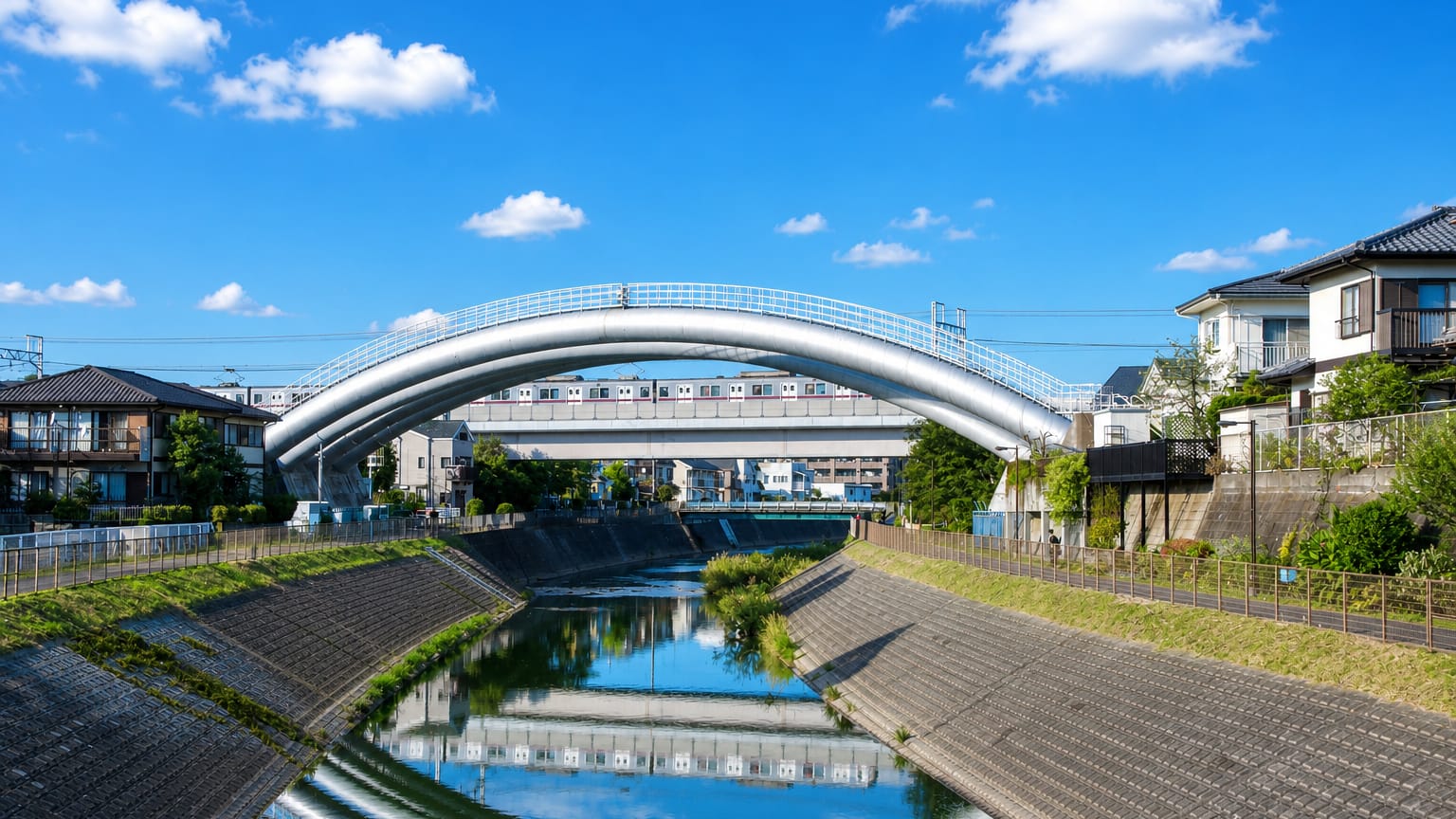 Arched footbridge and elevated railway over a channelled river in suburban Machida, Tokyo.