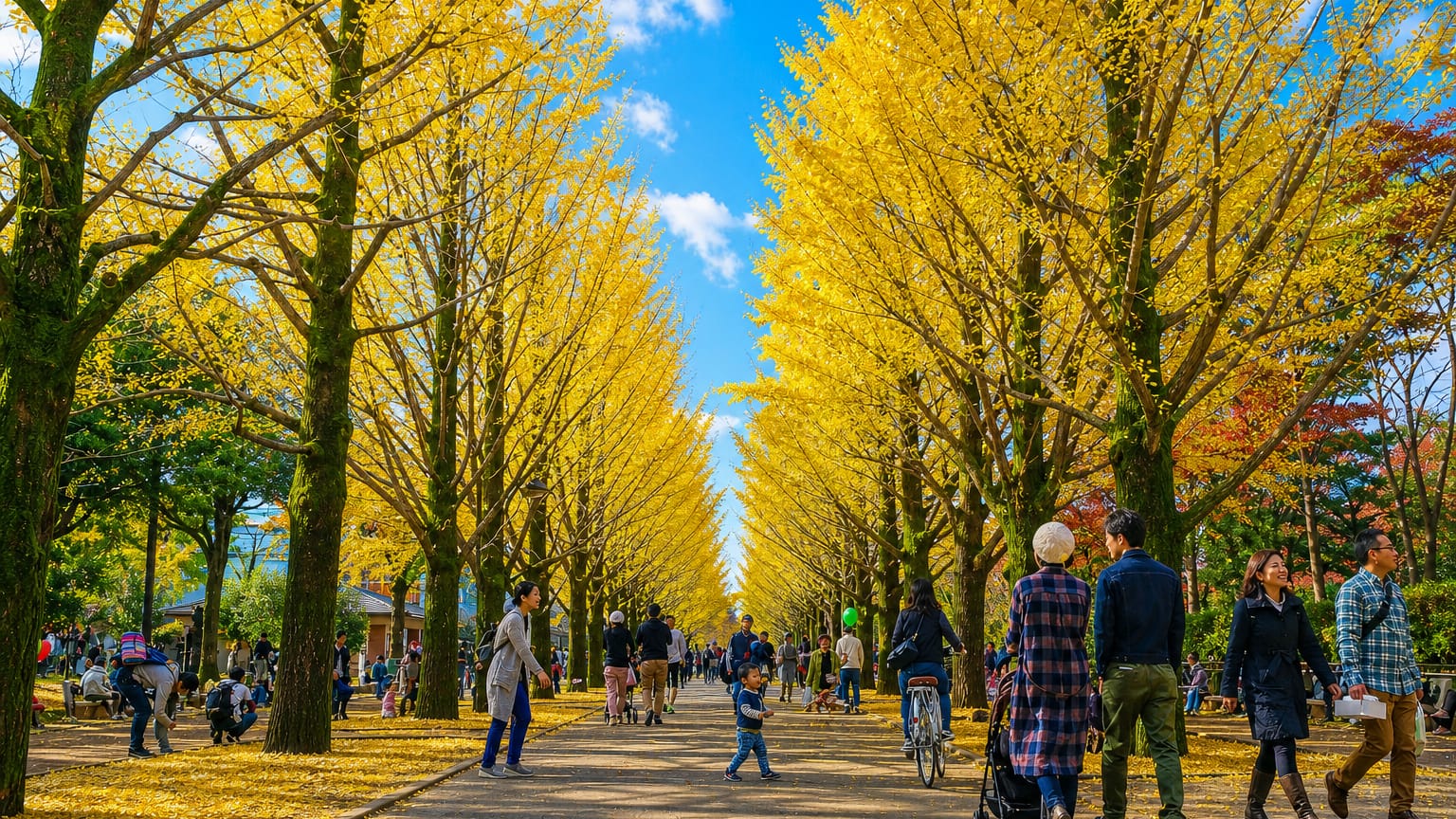 People strolling a golden ginkgo tree avenue in autumn at a park in Nerima, Tokyo.