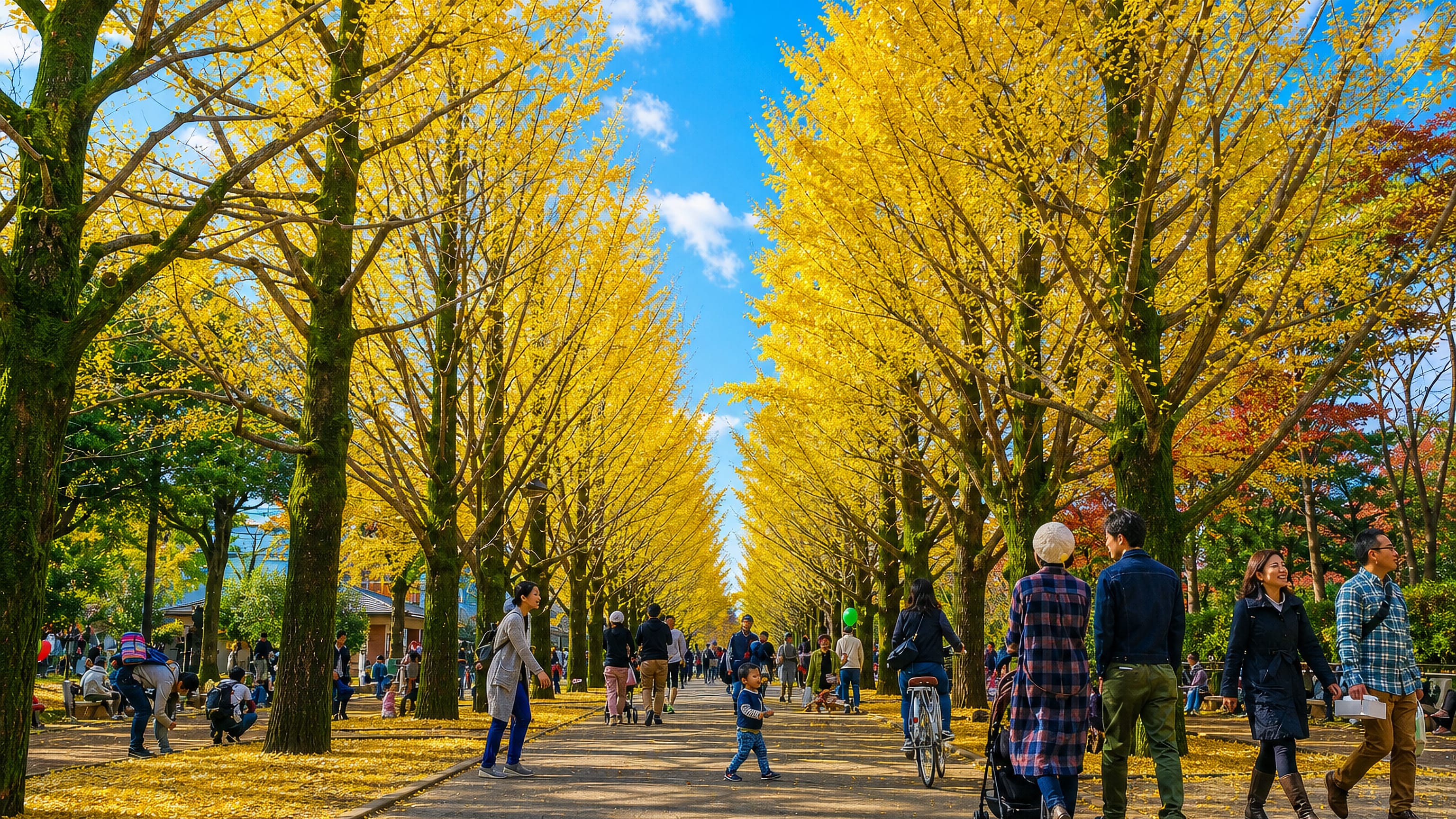 People strolling a golden ginkgo tree avenue in autumn at a park in Nerima, Tokyo.
