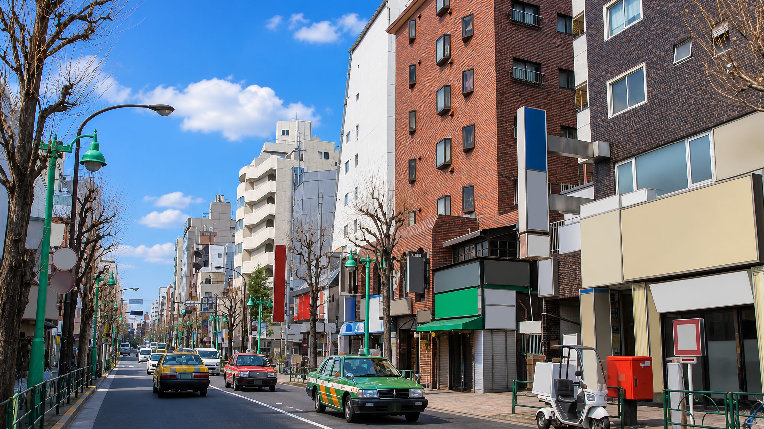 A quiet daytime street in Ōkubo, Tokyo, lined with taxis, green street lamps and brick apartment blocks.