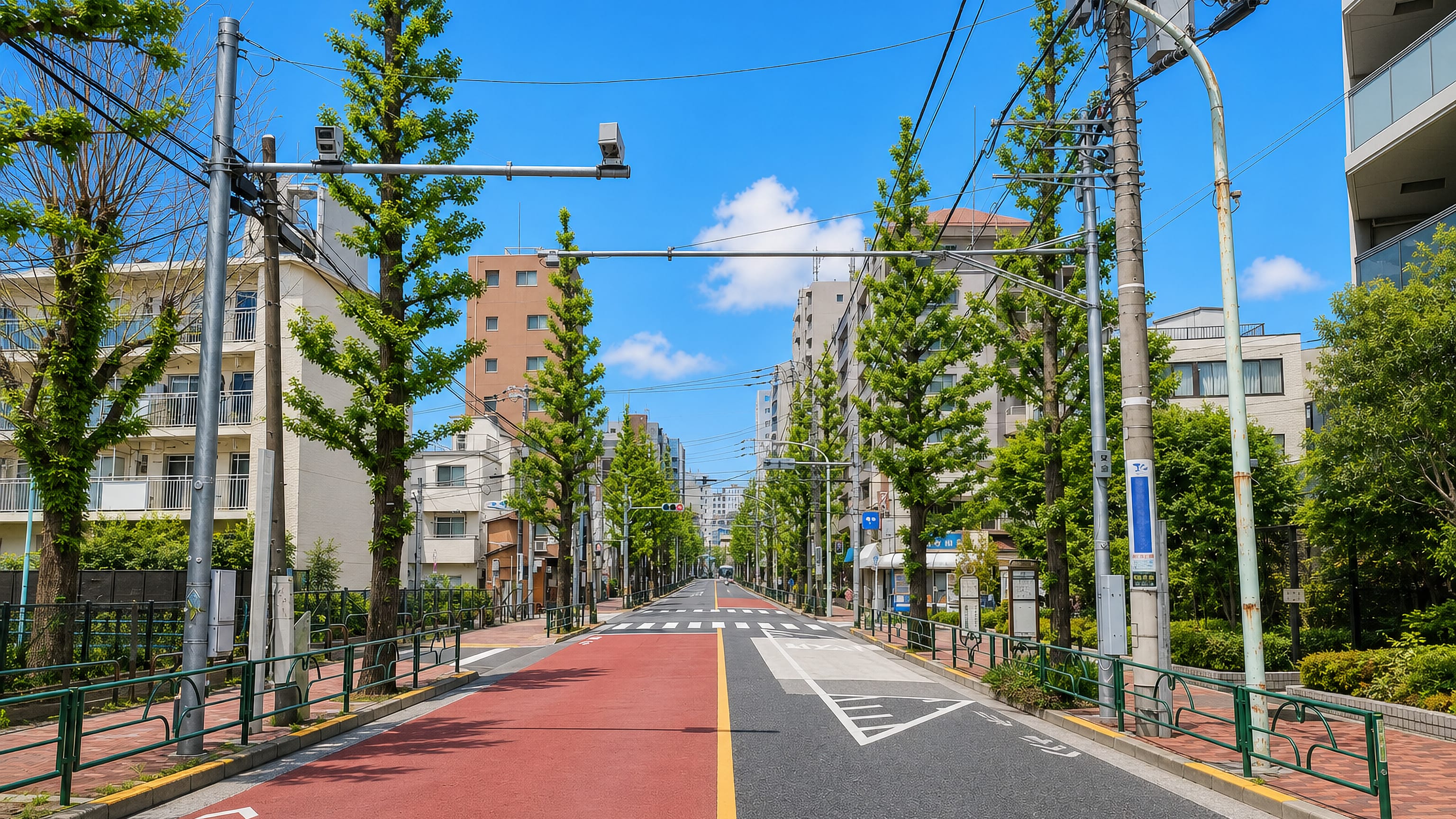 Tree-lined avenue with a red cycle lane and low apartment blocks in Sasazuka, Tokyo