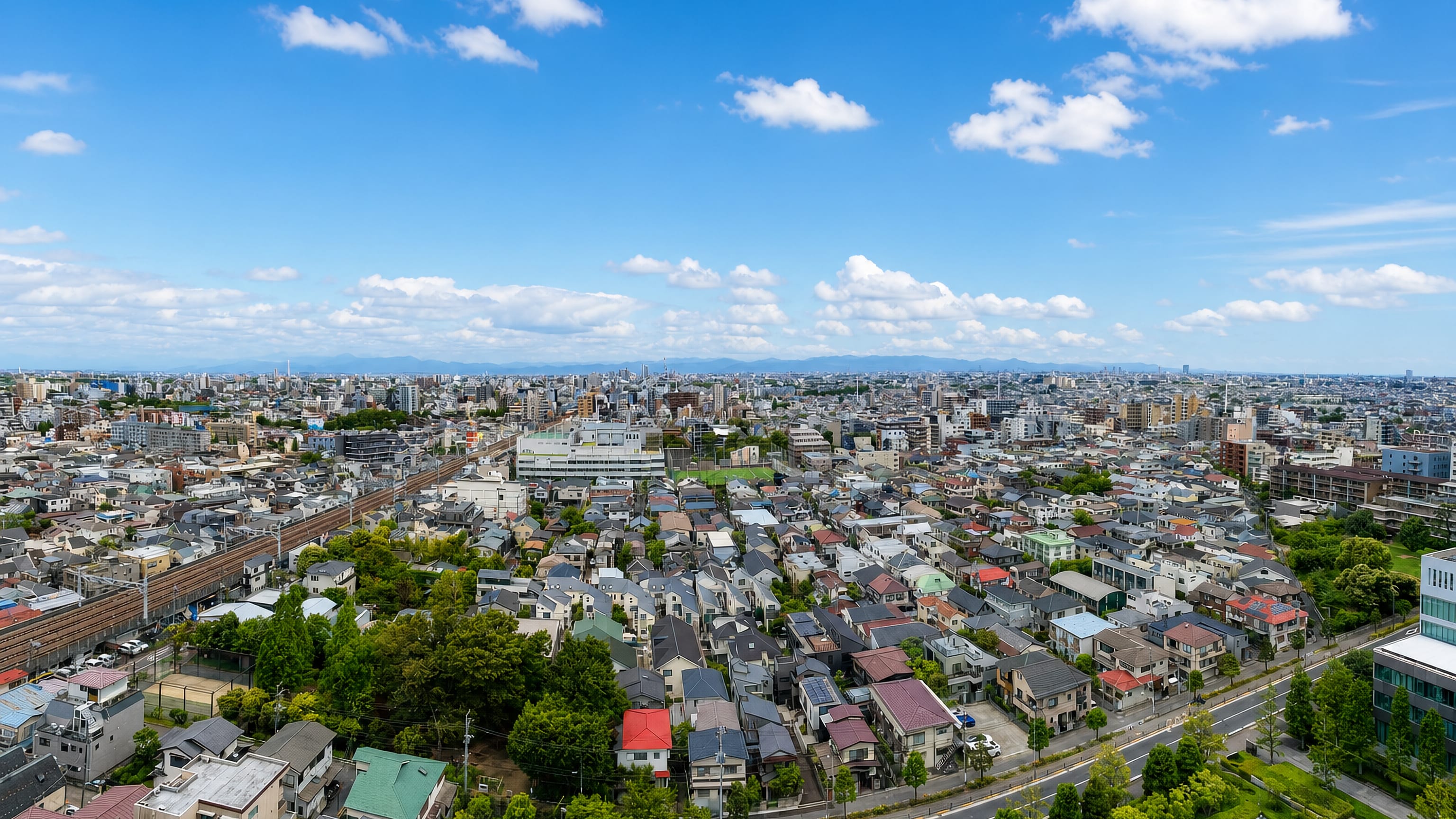 Aerial view over Suginami, Tokyo, with low-rise houses stretching to the distant skyline and mountains
