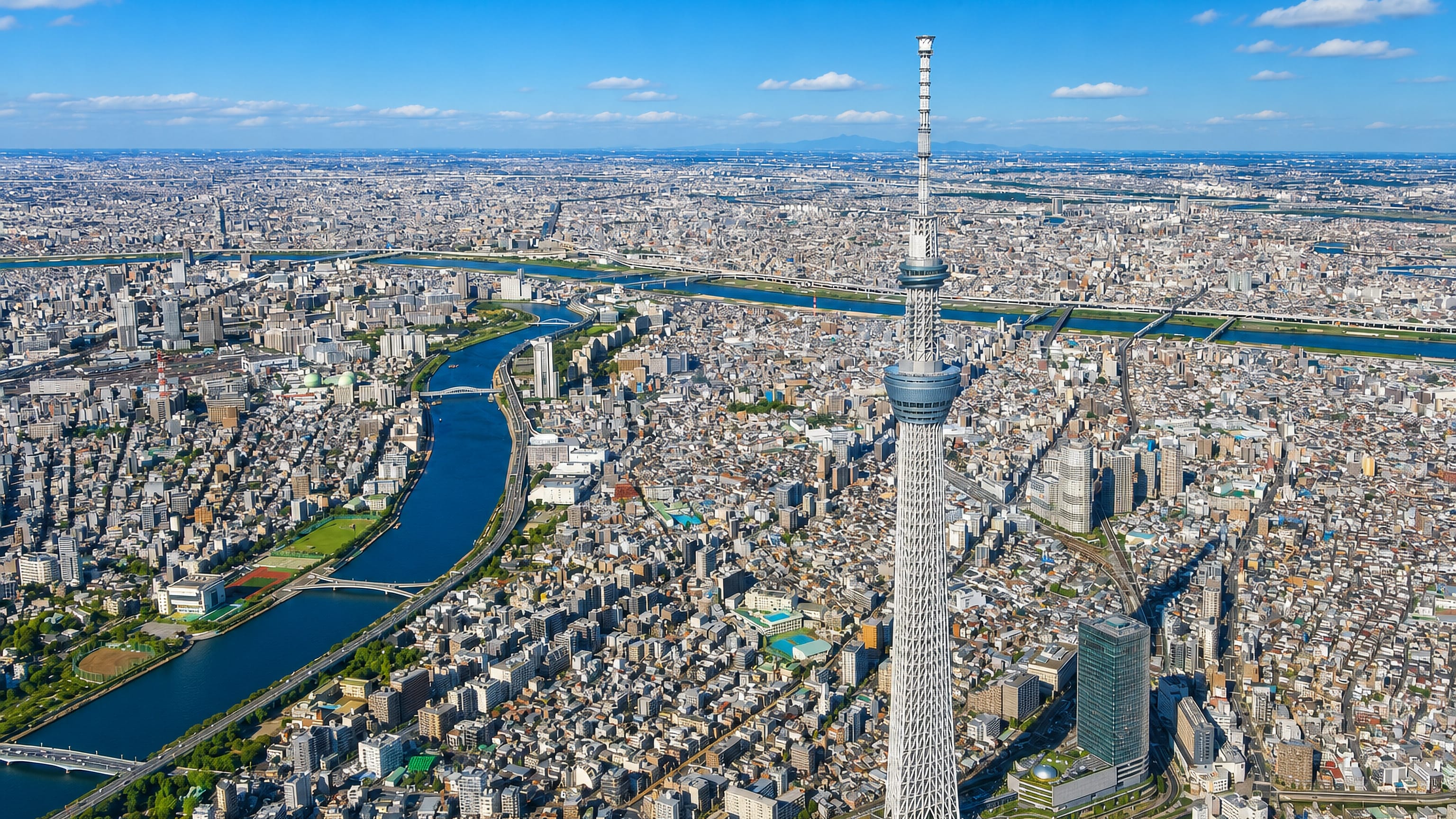 Aerial view of Sumida, Tokyo, with Tokyo Skytree towering over the Sumida River and dense city blocks