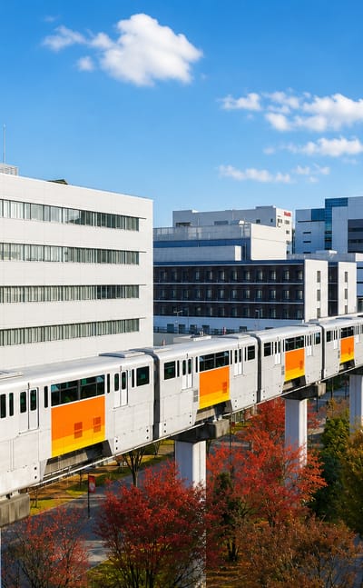 The Tama Monorail crossing elevated tracks past modern buildings in Tachikawa, Tokyo, with autumn trees