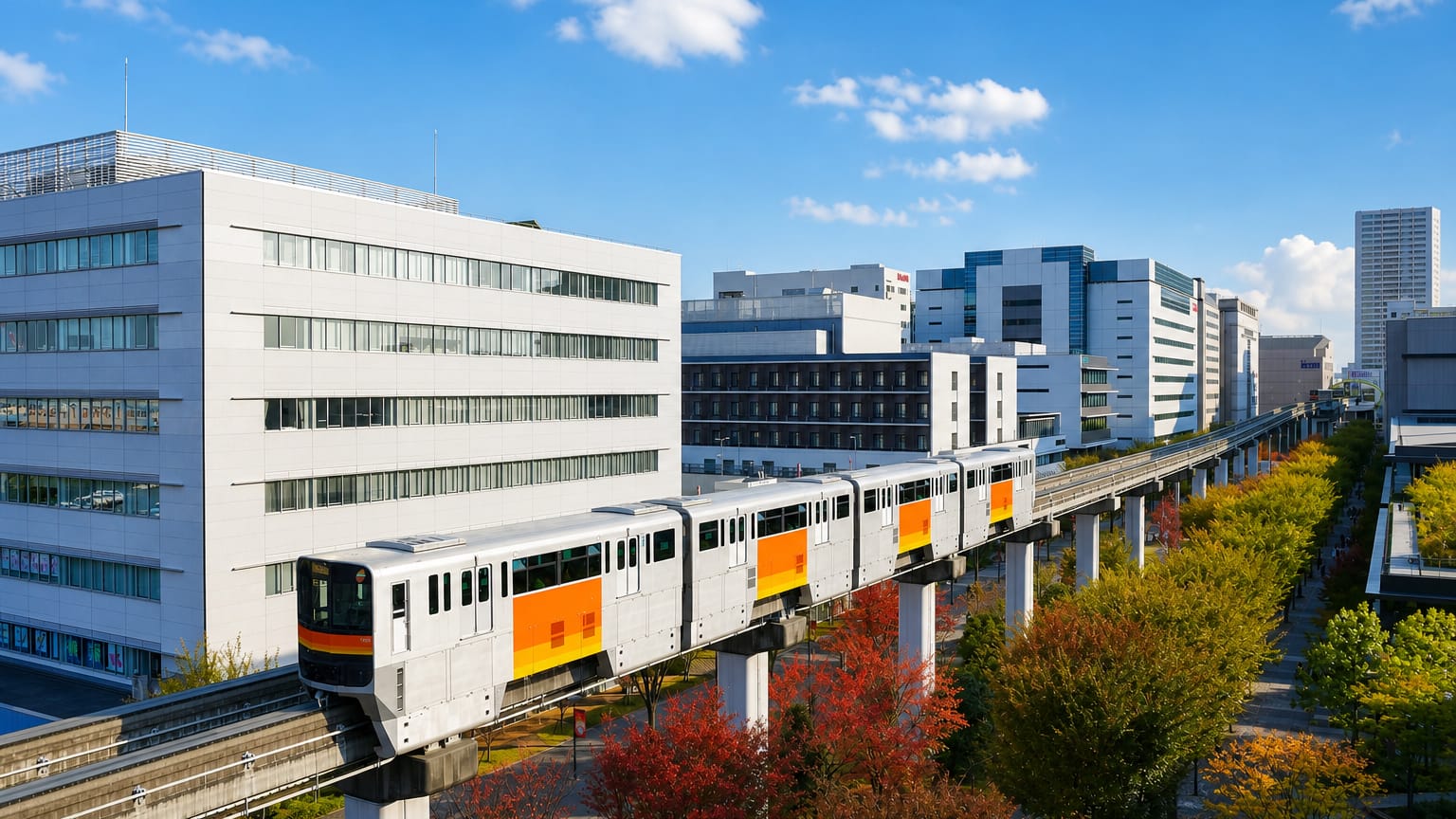 The Tama Monorail crossing elevated tracks past modern buildings in Tachikawa, Tokyo, with autumn trees