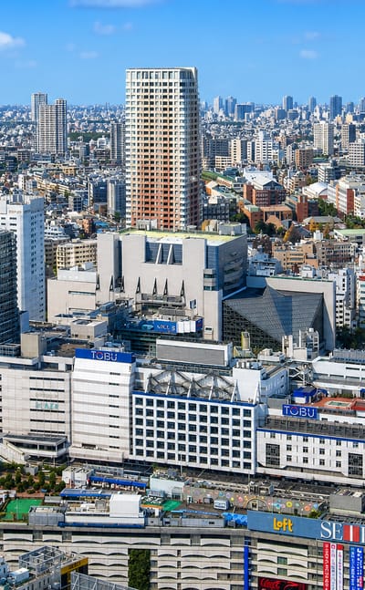 Ikebukuro in Tokyo's Toshima ward with the Seibu, Parco and Tobu department-store complexes and towers.