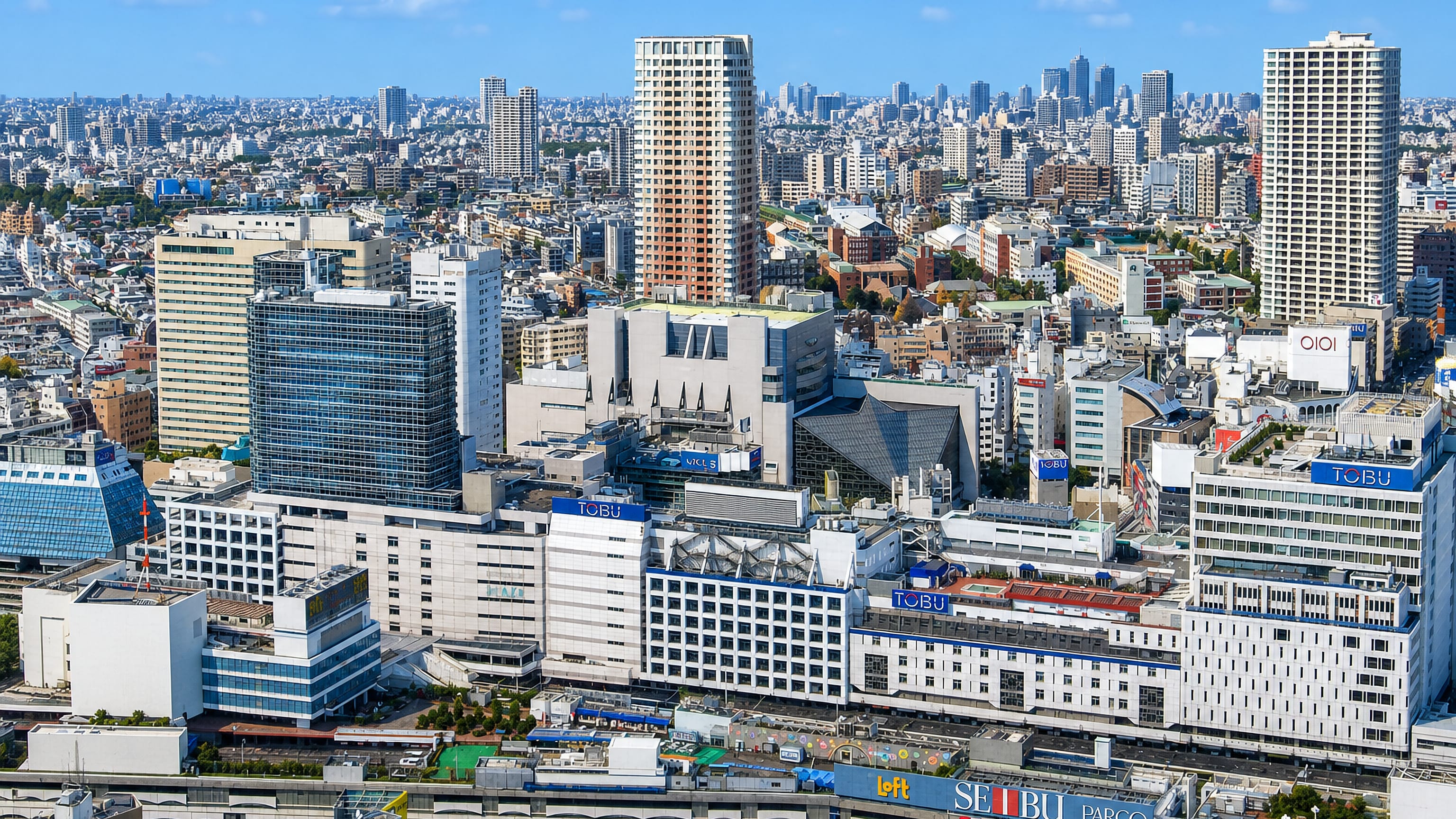 Ikebukuro in Tokyo's Toshima ward with the Seibu, Parco and Tobu department-store complexes and towers.