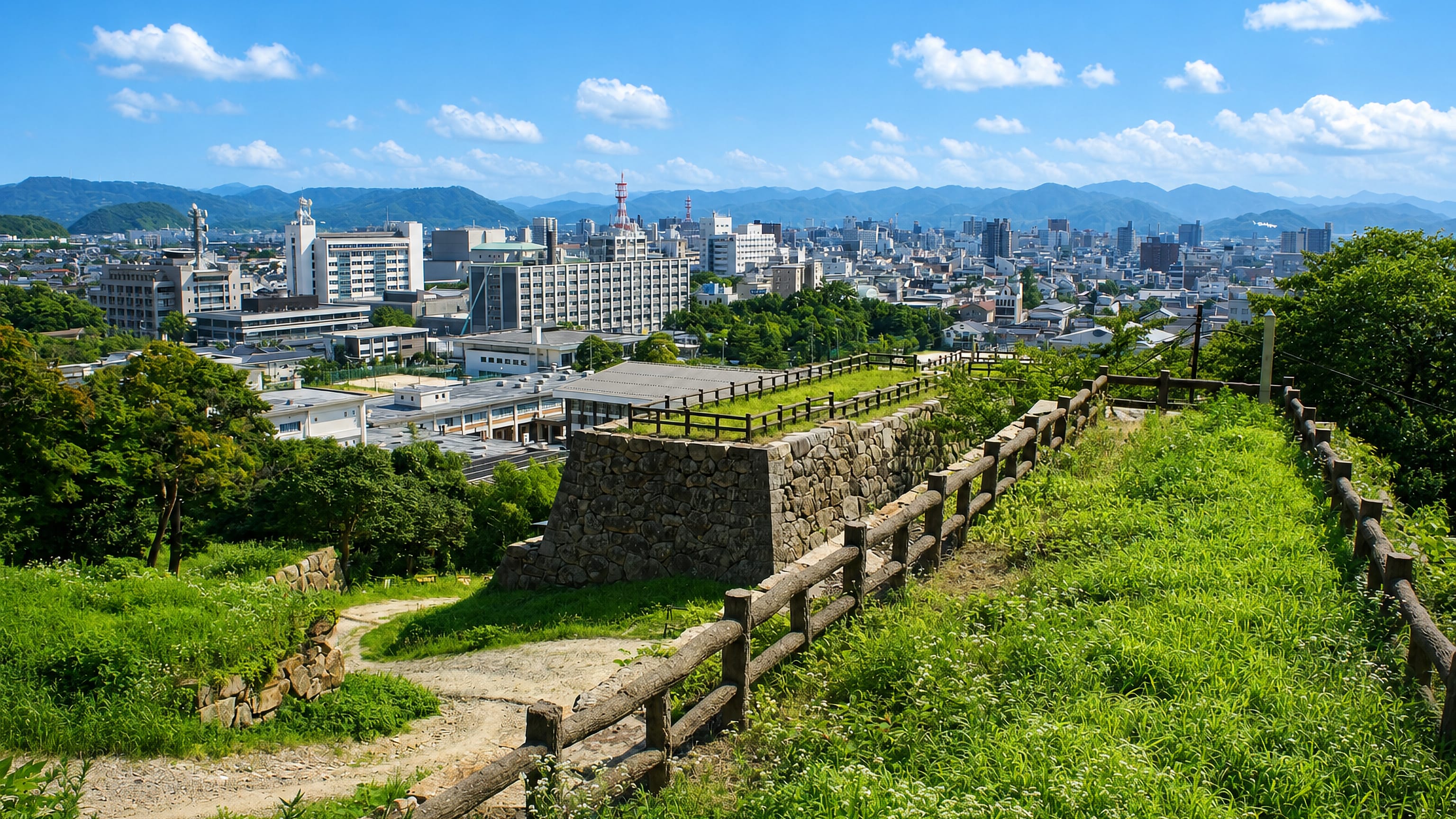 Tottori city spreads below the stone ramparts of Tottori Castle ruins on Mount Kyusho, with hills on the horizon.