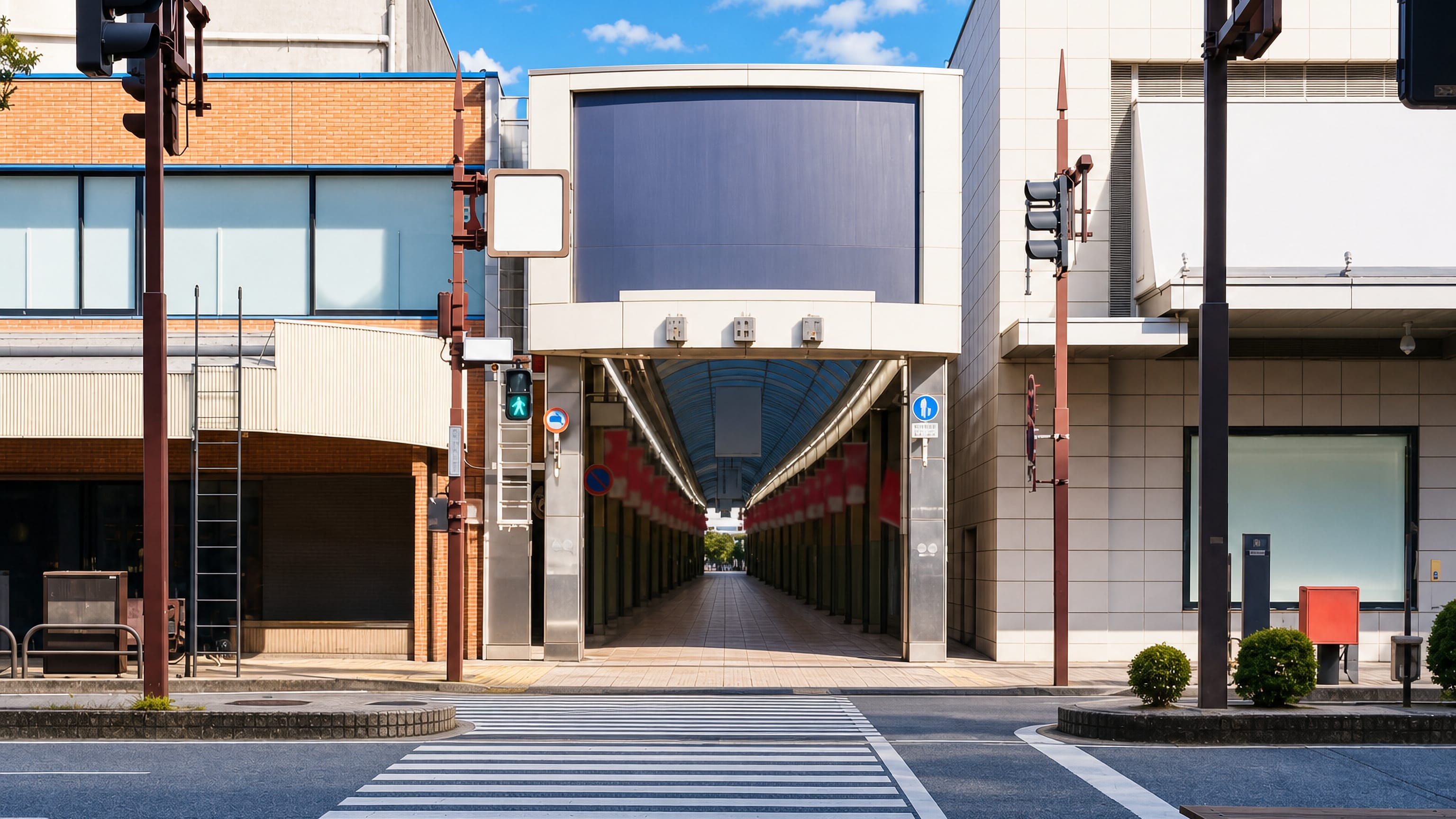 Entrance to the covered shopping arcade at a crossing in Sōgawa, central Toyama.