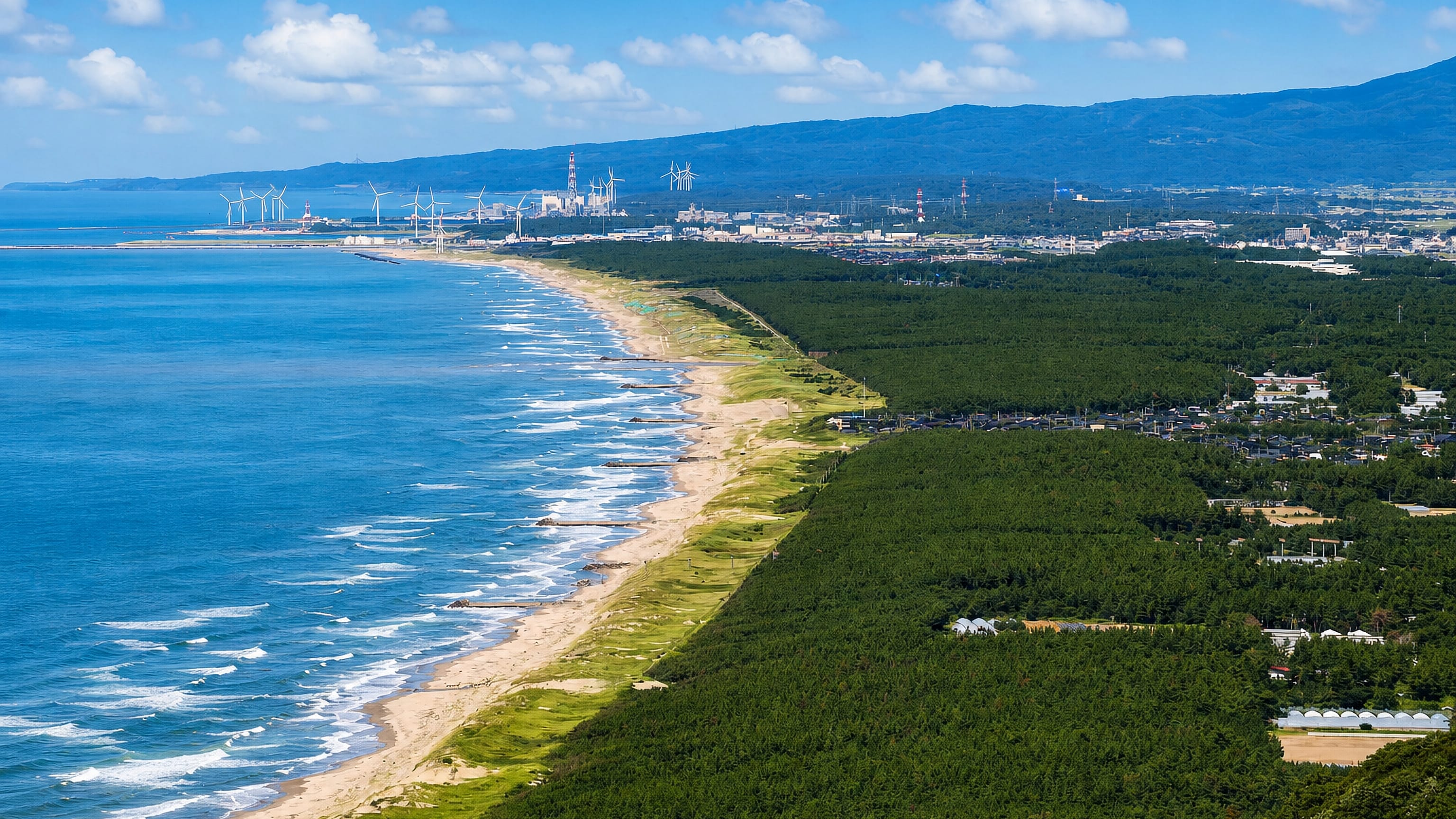 Sakata's Sea of Japan coastline in Yamagata, with a long beach, pine windbreak and wind turbines by the port.