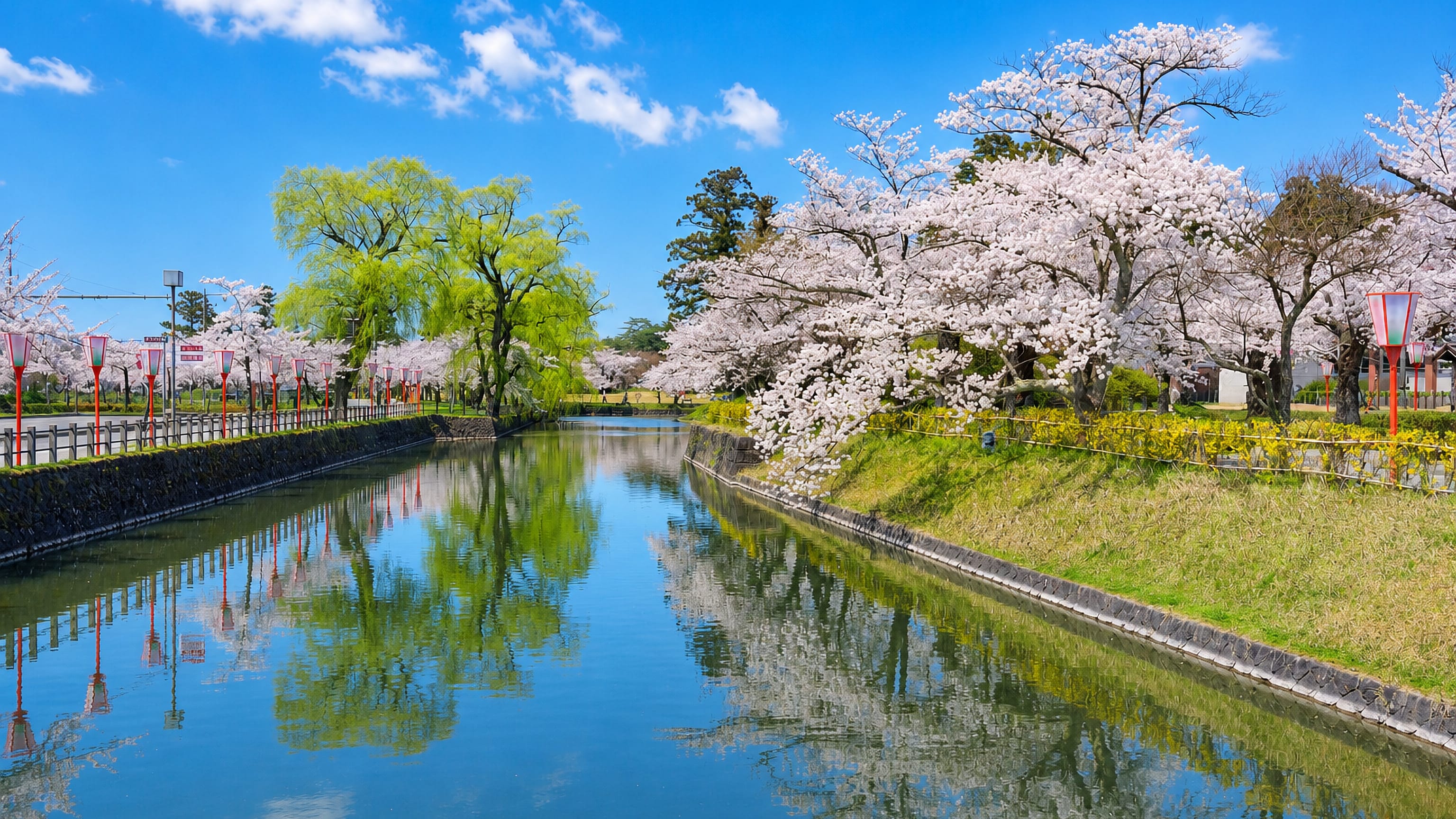 Cherry blossoms and red lanterns lining a castle moat in Tsuruoka, Yamagata, on a clear spring day.