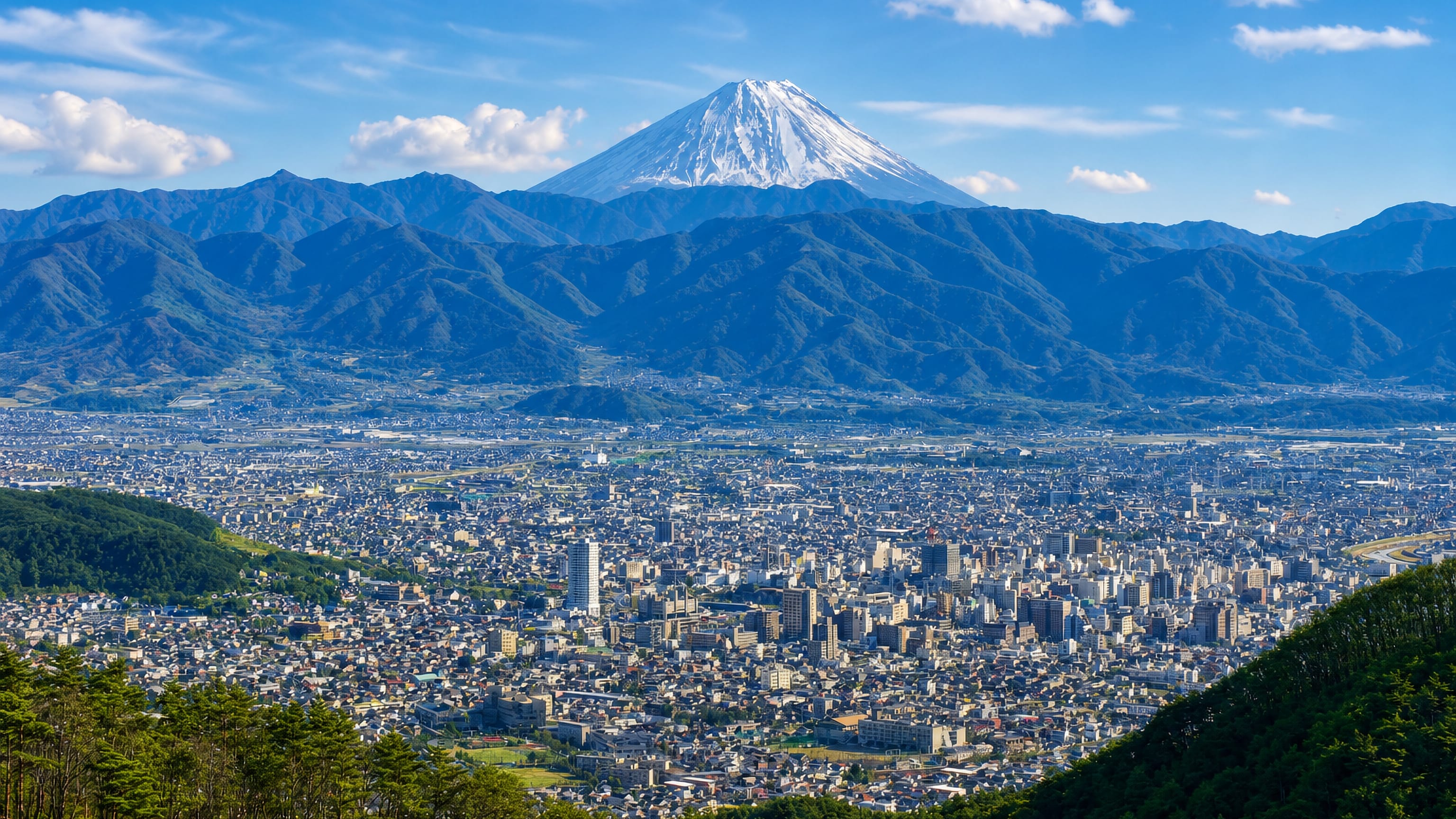 Mount Fuji towering over the Kofu basin, with the city of Kofu filling the valley floor in Yamanashi
