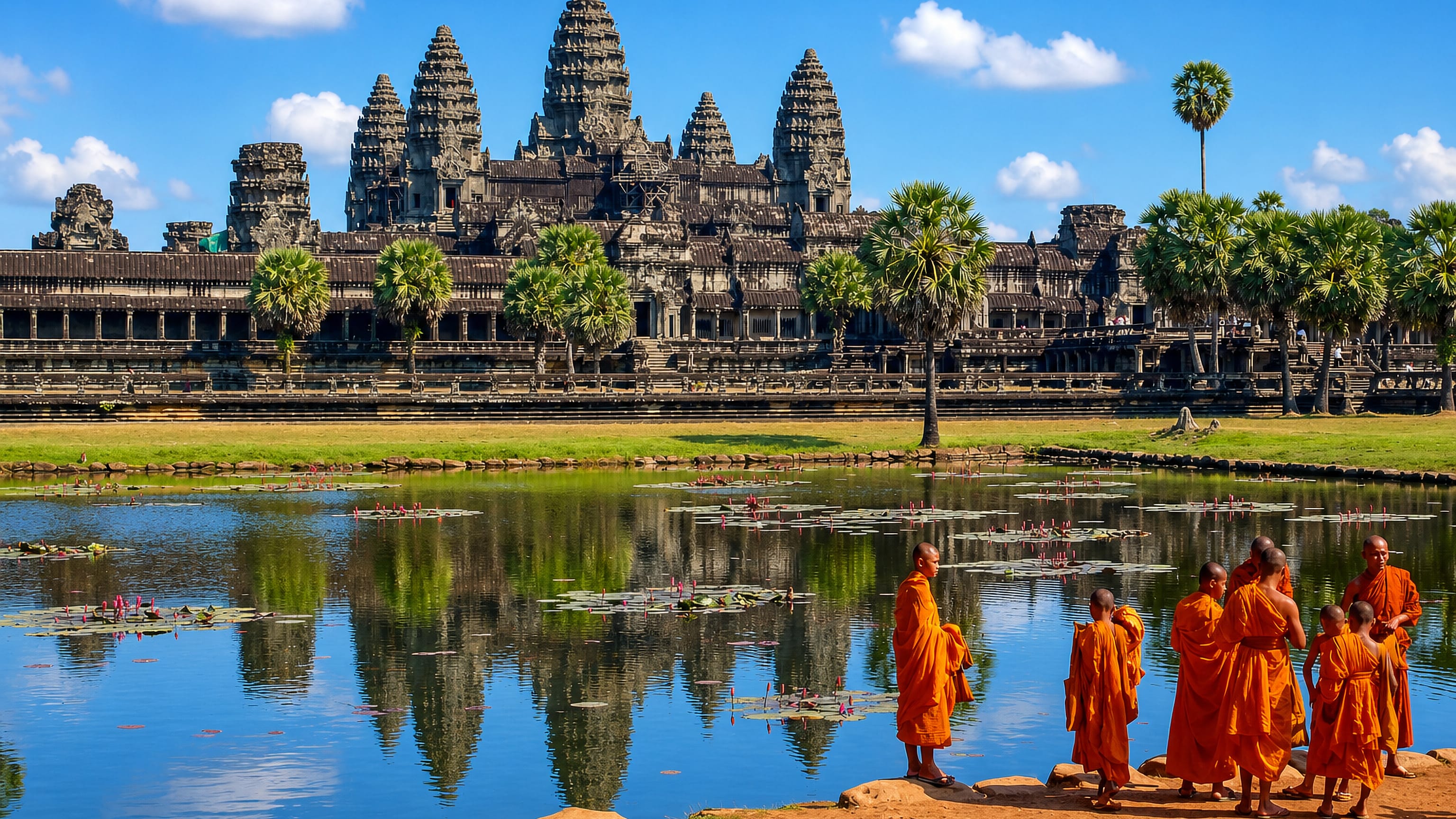 Angkor Wat's five towers reflected in a lily pond near Siem Reap, Cambodia, with monks in orange robes.