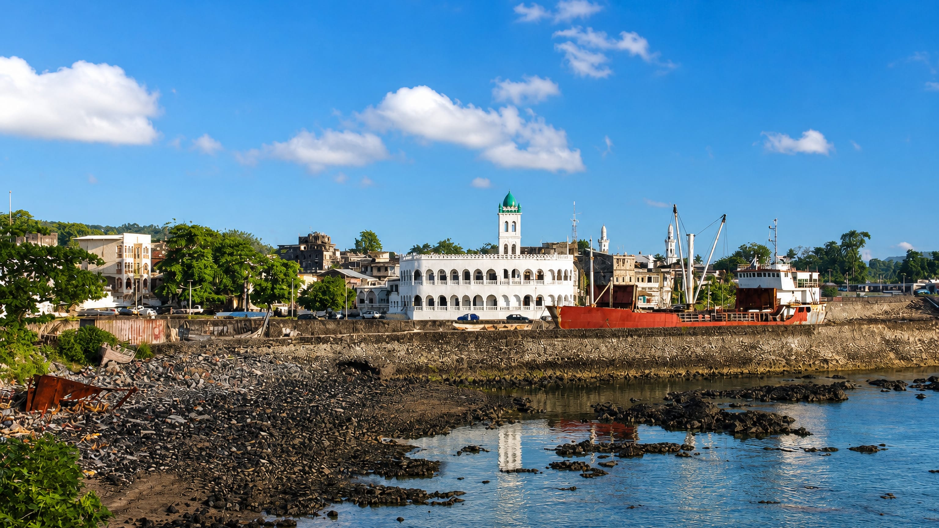 Moroni's waterfront with the green-domed Old Friday Mosque and a cargo ship moored at the seawall, Comoros.