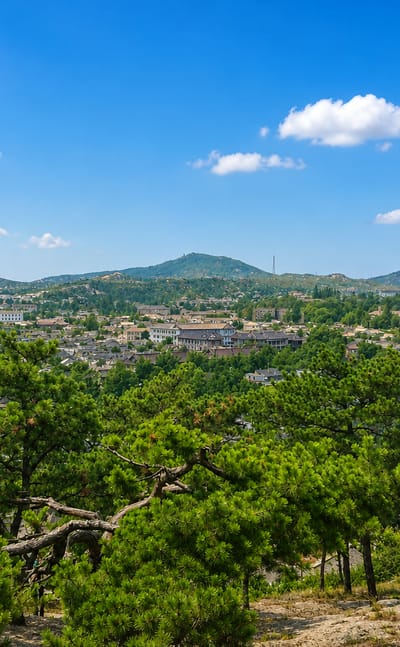 View over Kaesong's traditional tiled-roof houses ringed by green hills, framed by pine trees.