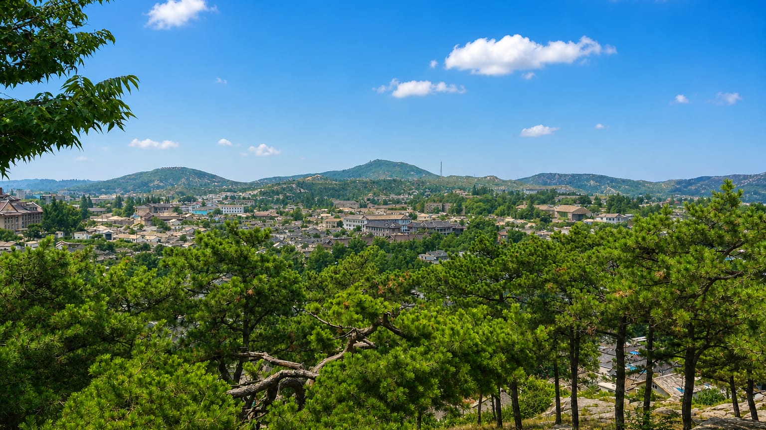 View over Kaesong's traditional tiled-roof houses ringed by green hills, framed by pine trees.