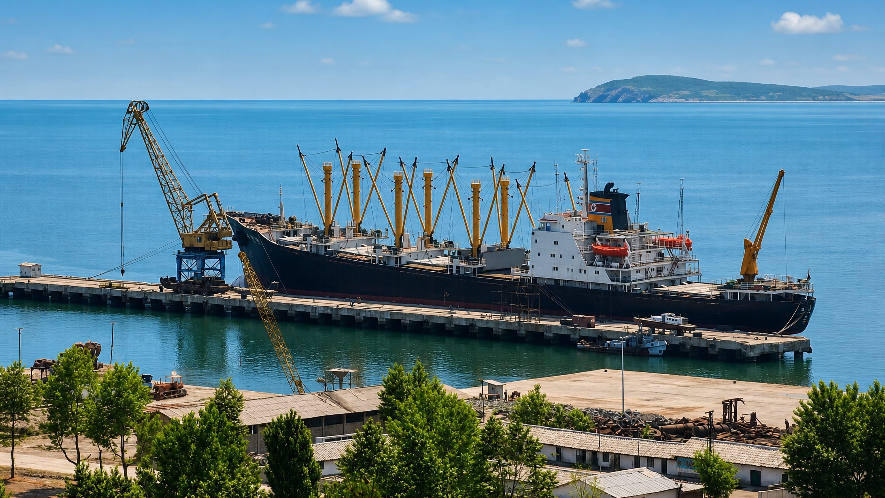 A cargo ship at the quay with harbour cranes and calm sea at the port city of Nampo, North Korea.