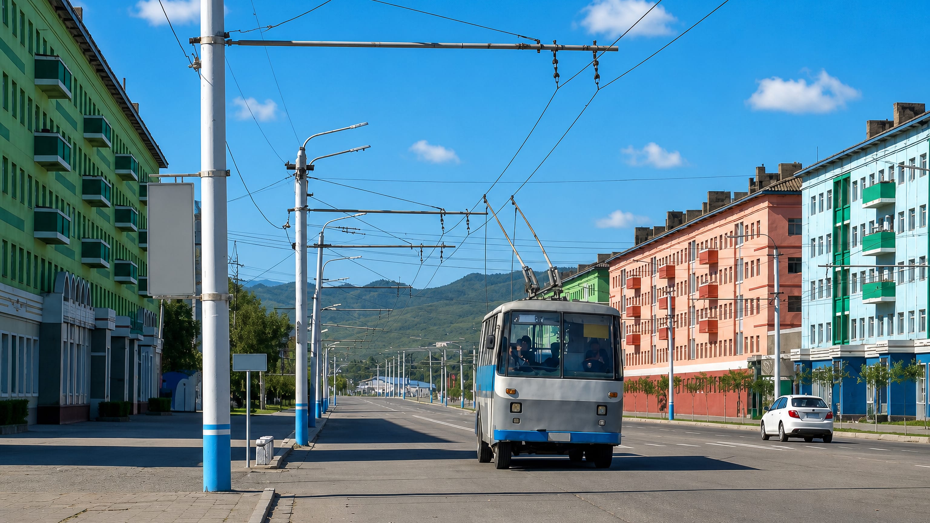 Wide boulevard in Chongjin, North Korea, with a trolleybus passing pastel apartment blocks below green hills.