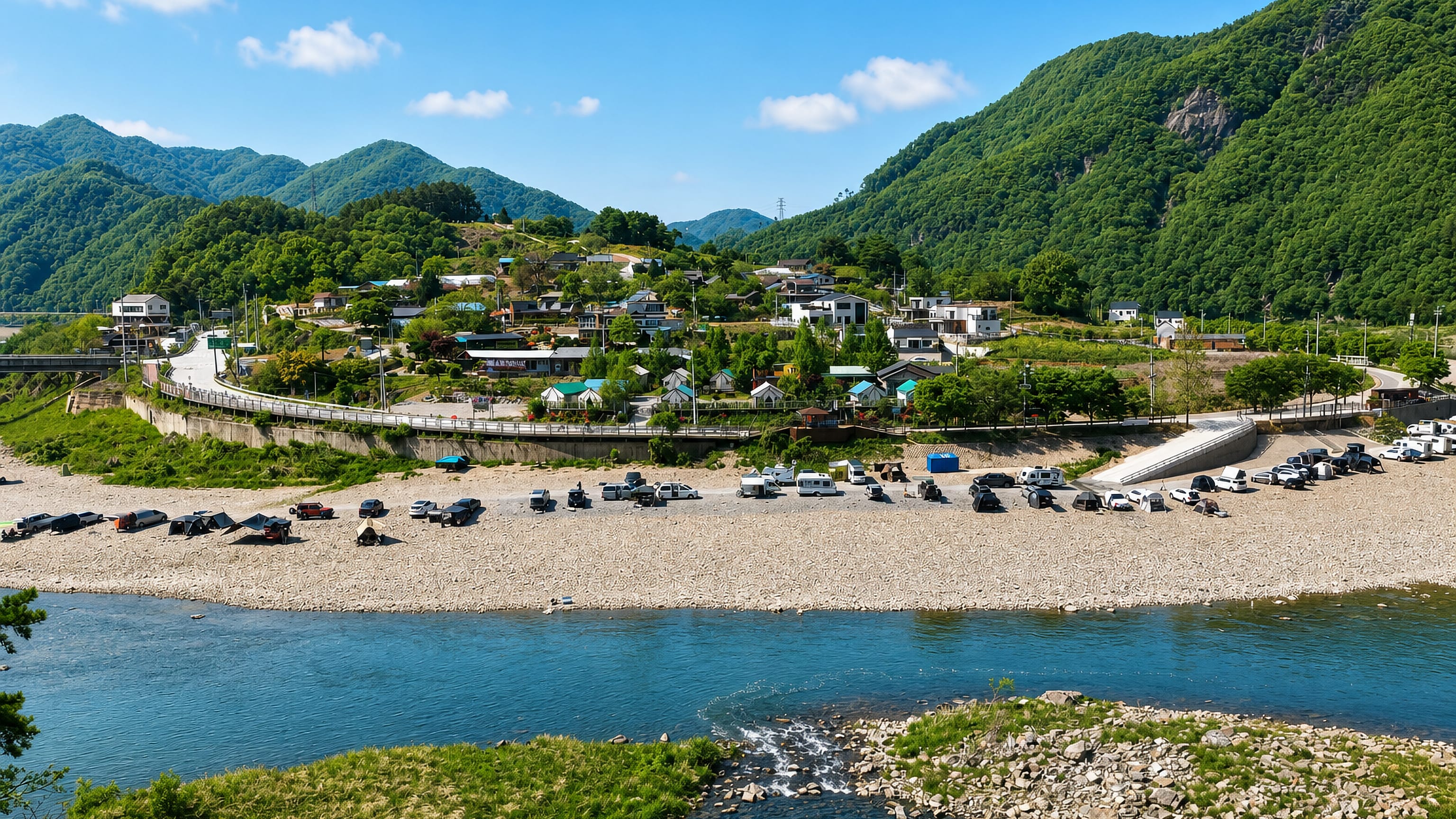 Riverside campsite on a gravel bar below wooded hills outside Chungju, South Korea.
