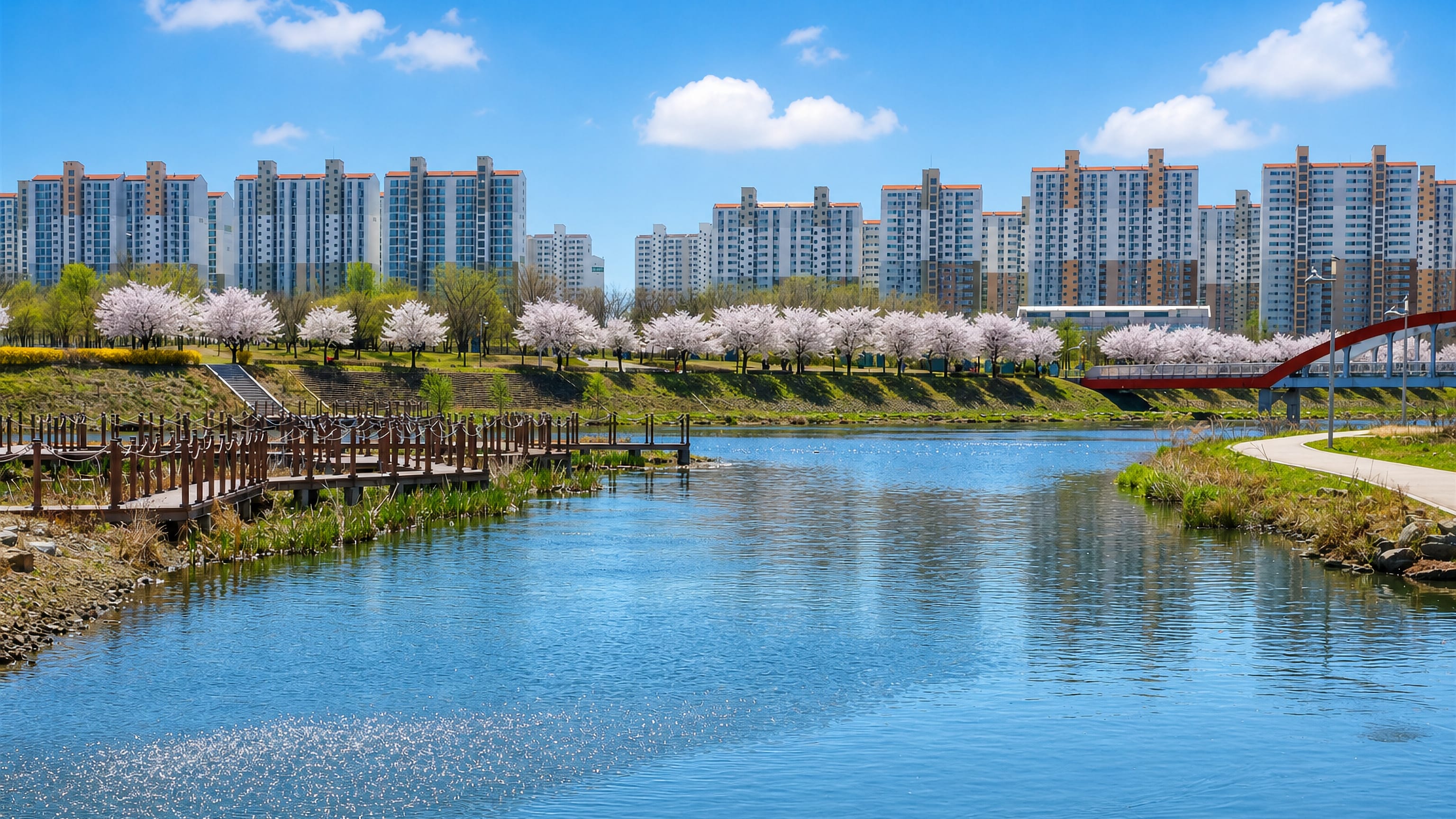 Cherry blossoms and a riverside boardwalk below rows of high-rise apartment blocks in Ansan, South Korea.