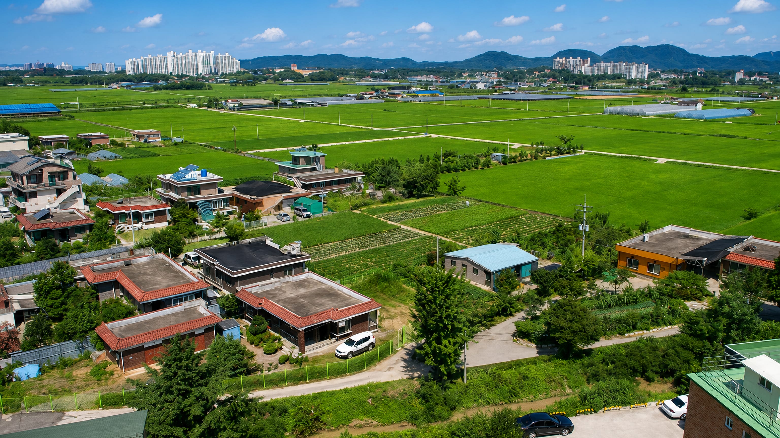 Aerial view over Anseong's rice paddies and tiled farmhouses, with apartment towers on the distant skyline.
